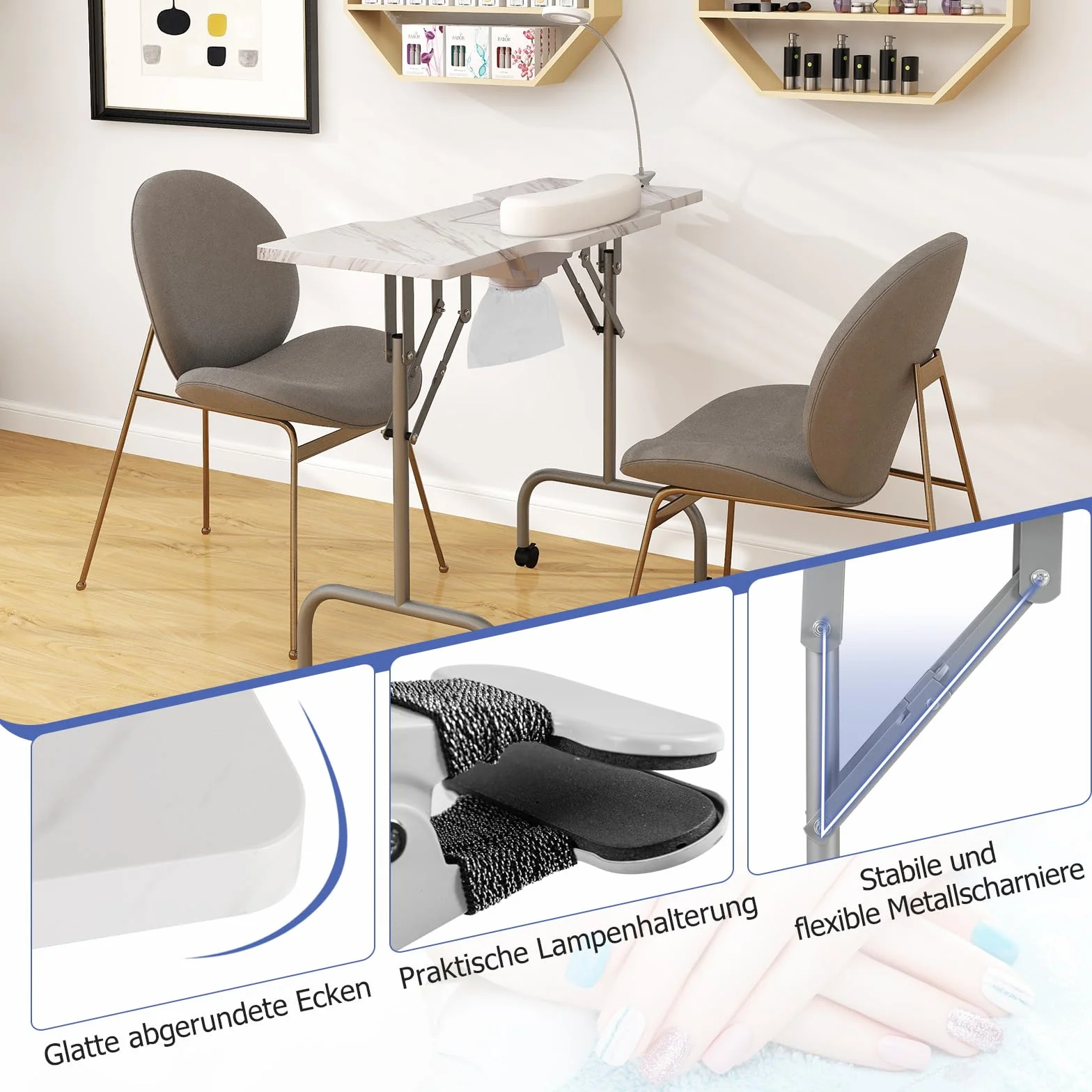 COSTWAY składany stół do manicure z odkurzaczem, lampą LED i torbą do noszenia biały