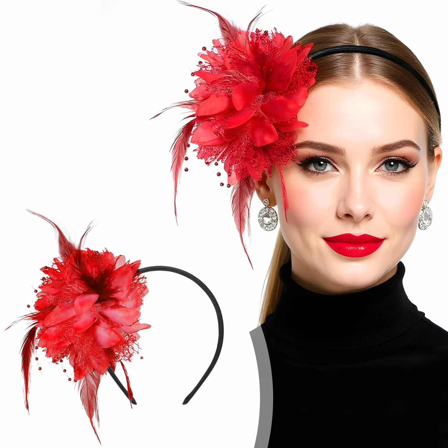 Gjinxi Fascinator kapelusze dla kobiet, na imprezę z piórami, perły, welon, opaska na włosy na wesele, koktajlowa, akcesoria karnawałowe