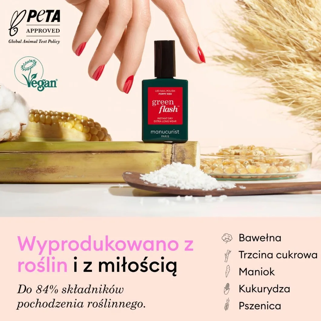 MANUCURIST - Zestaw lakierów żelowych Green Flash Slim - Lampa LED 36 W z powłoką bazową + Top Coat + 2 kolory żelowe: Poppy Red & Hortencia + Lampa LED + Remover + Klipsy - Prezent dla kobiet