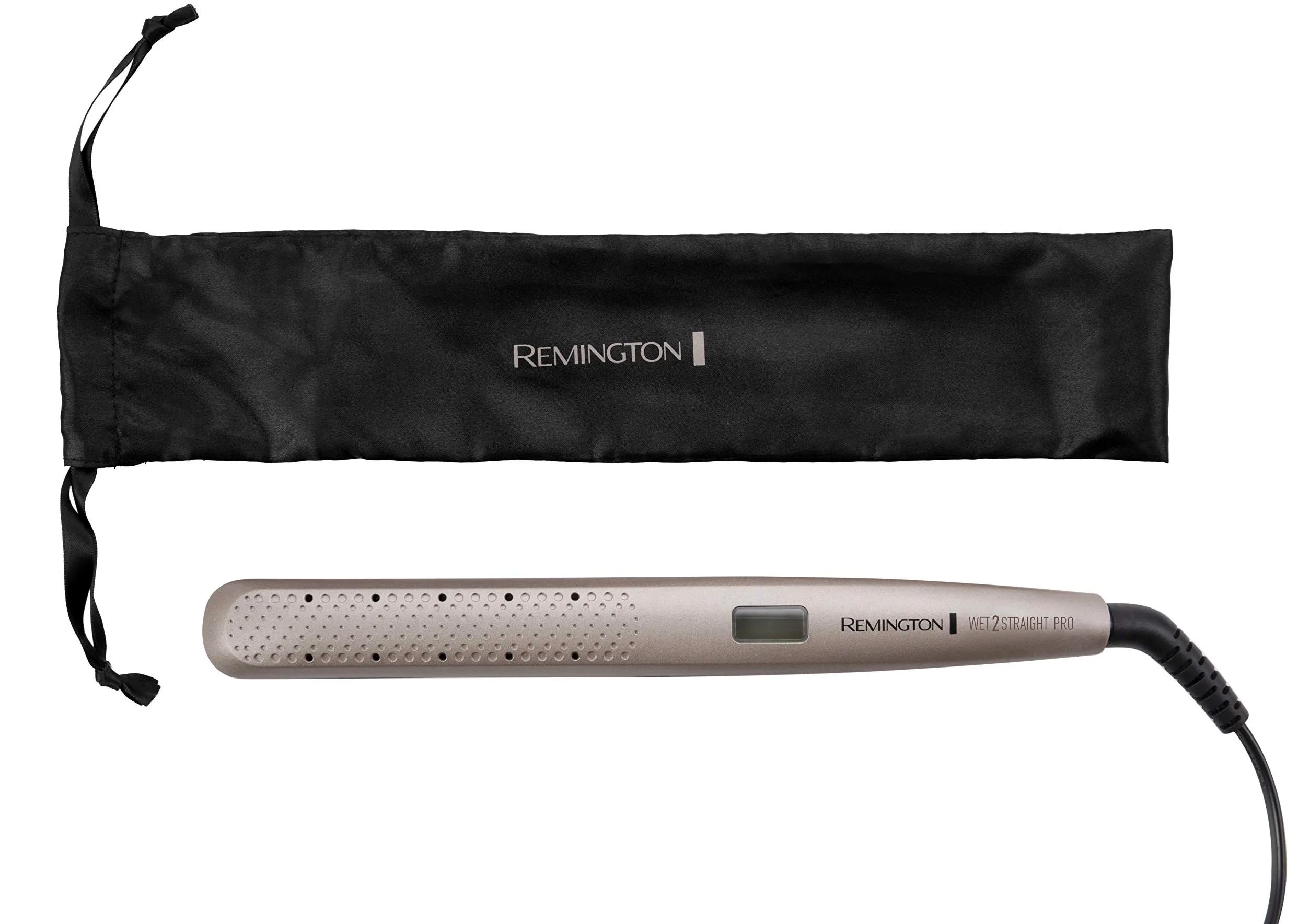 Remington prostownica do włosów, na suche i mokre włosy, otwory odparowują nadmiar wody, czujnik wilgoci, zakres temp 150-230°C, obrotowy przewód, etui, brązowa, Wet2Straight PRO S7970