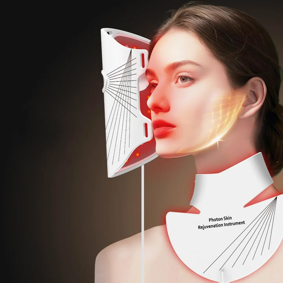 lanvezas led beauty maska do terapii światłem czerwonym na twarz i szyję, 7-kolorowa maska do terapii światłem LED, ładowalna maska, 5 poziomów intensywności, przeciwzmarszczkowa skóra ujędrniająca i