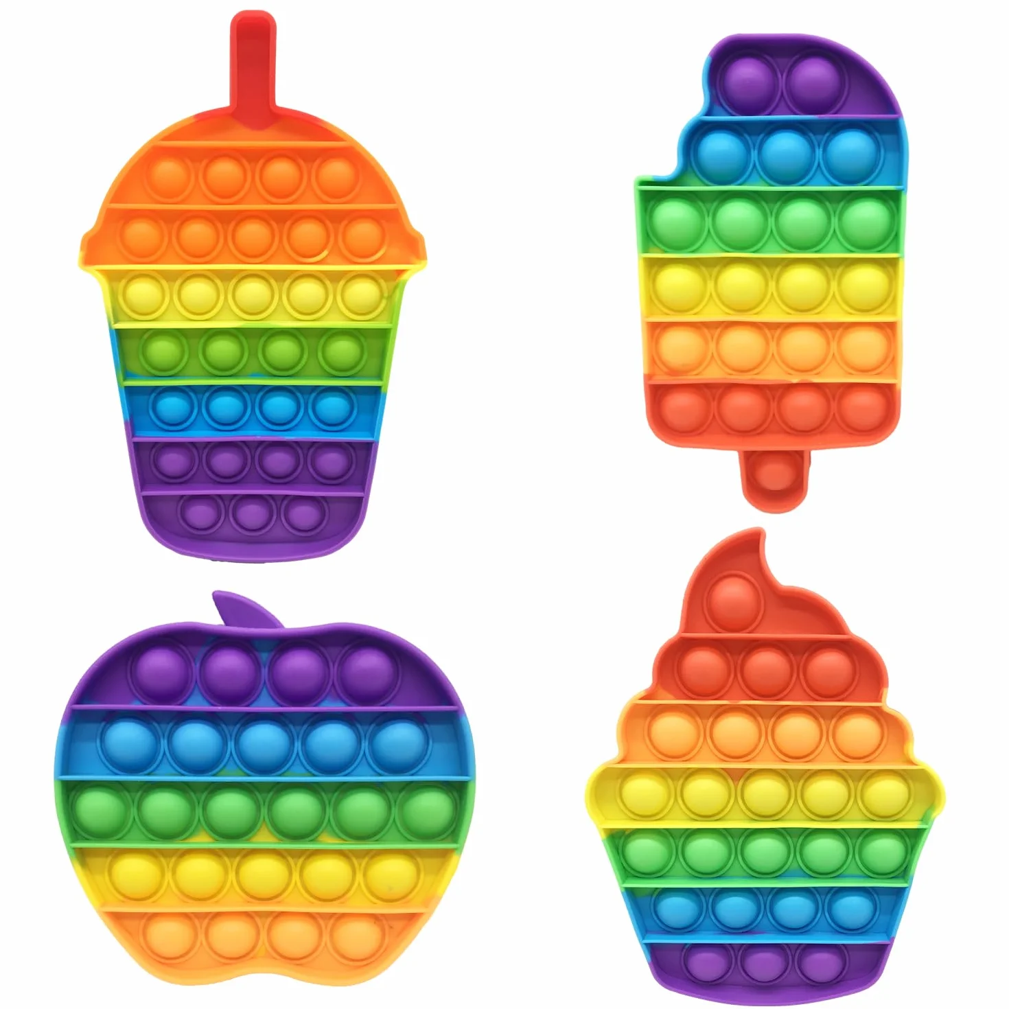 Zestaw 4 zabawek Pop Bubble Fidget Toy, silikonowe, tęczowe, sensoryczne zabawki, lody, jabłko, kubek, ulga lękowa, autyzm, antystresowe, urodziny, dla dzieci i dorosłych