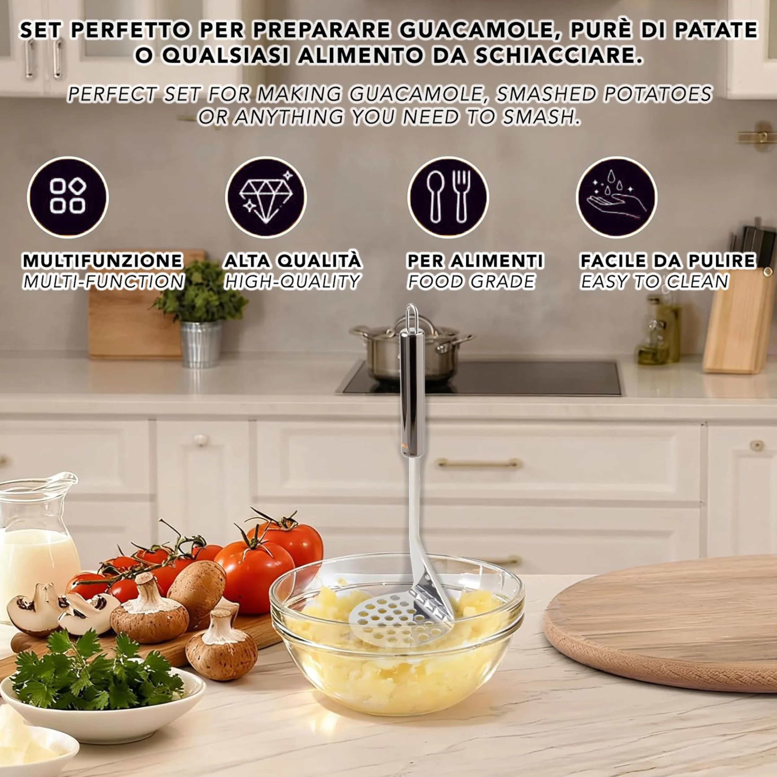 IPEA Profesjonalna praska do ziemniaków ze stali nierdzewnej do rozdrabniania ziemniaków, warzyw i owoców - Slim Design - Ergonomiczny uchwyt - Ręczne narzędzie do tłuczonych ziemniaków i prasy do