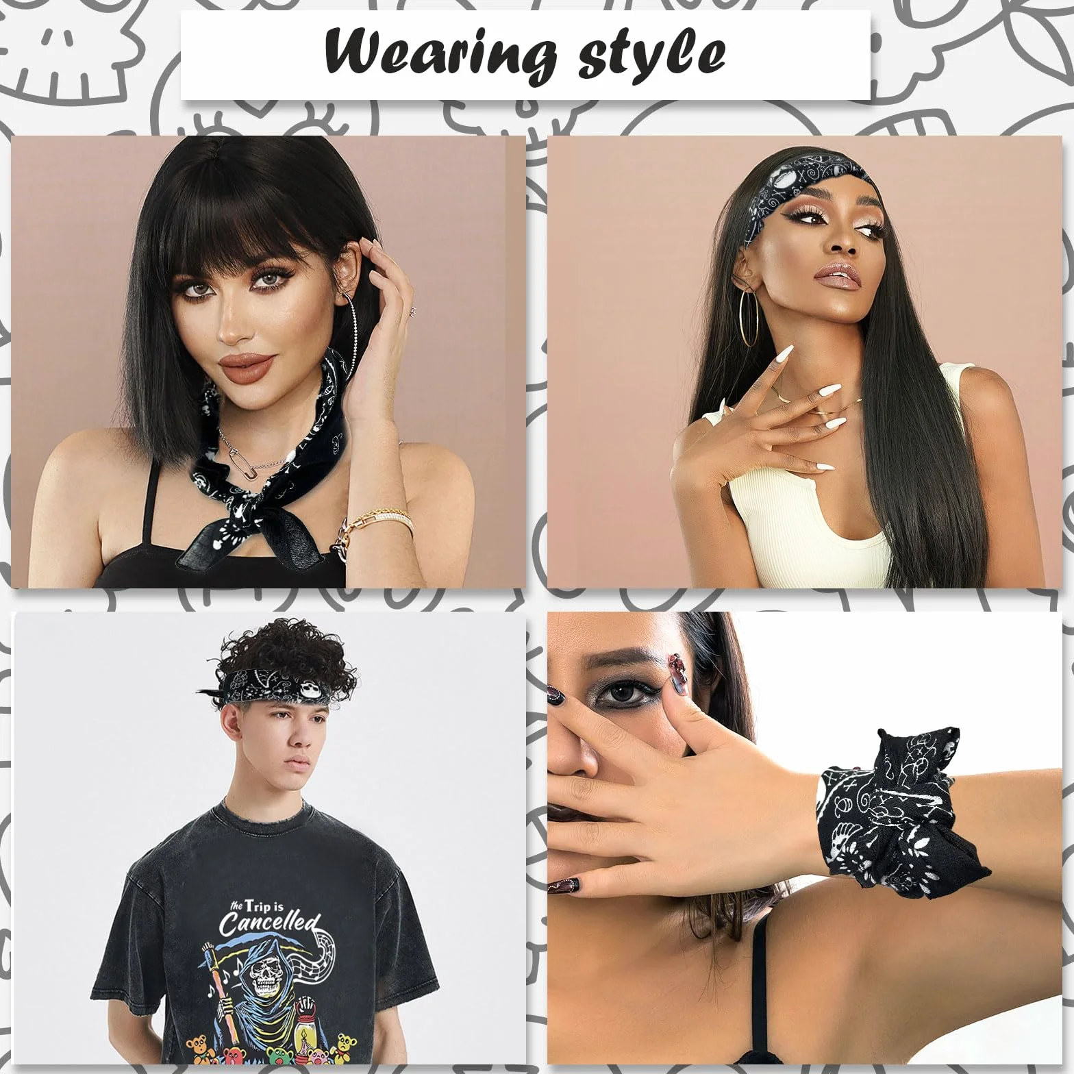 Czarna bandana z czaszką bandana, unisex bandana piracka Paisley, szalik na głowę, szaliki na szyję, stylowa kowbojska opaska na głowę, chusteczka, śliniak, impreza, nakrycie głowy na