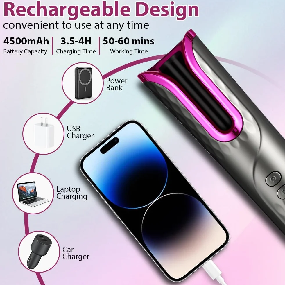 Flintronic Automatyczna lokówka do włosów bezprzewodowa ceramiczna USB 4 temperatury timery