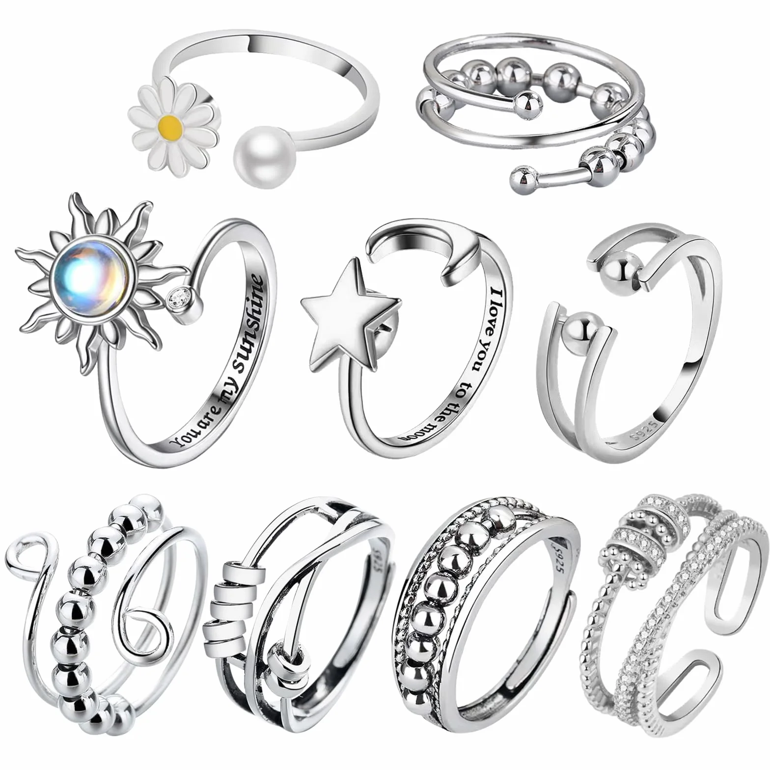 9 pierścionków antystresowych dla kobiet, pierścionki z koralikami, regulowane otwarte pierścienie, regulowane, otwarte pierścienie Fidget Ring, układane w stosy pierścionki antystresowe, dla