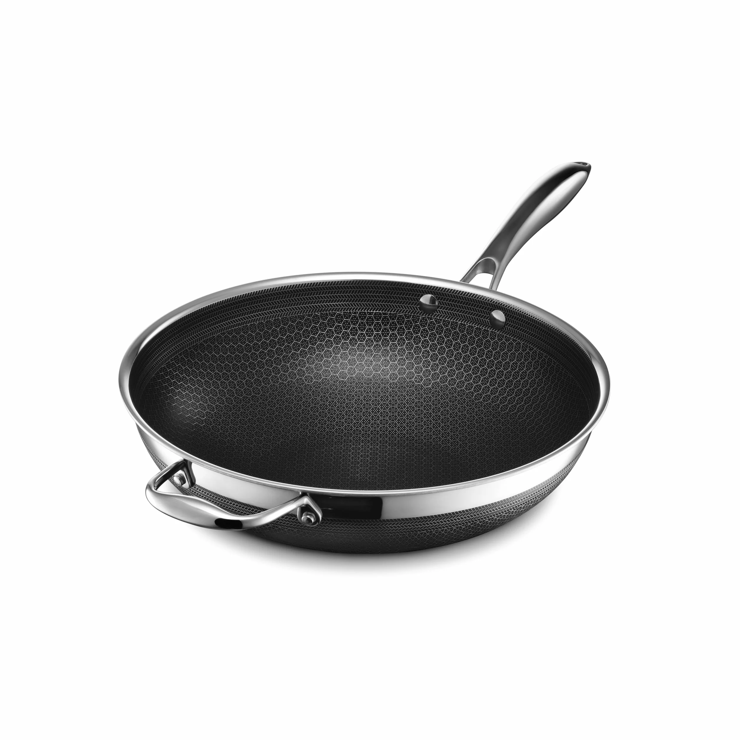 HexClad Hybrydowy wok ze stali nierdzewnej z uchwytem utrzymującym chłód, 30 cm, bez PFOA, nieprzywierający, nadaje się do piekarnika, płyty indukcyjnej, ceramicznej, elektrycznej i gazowej