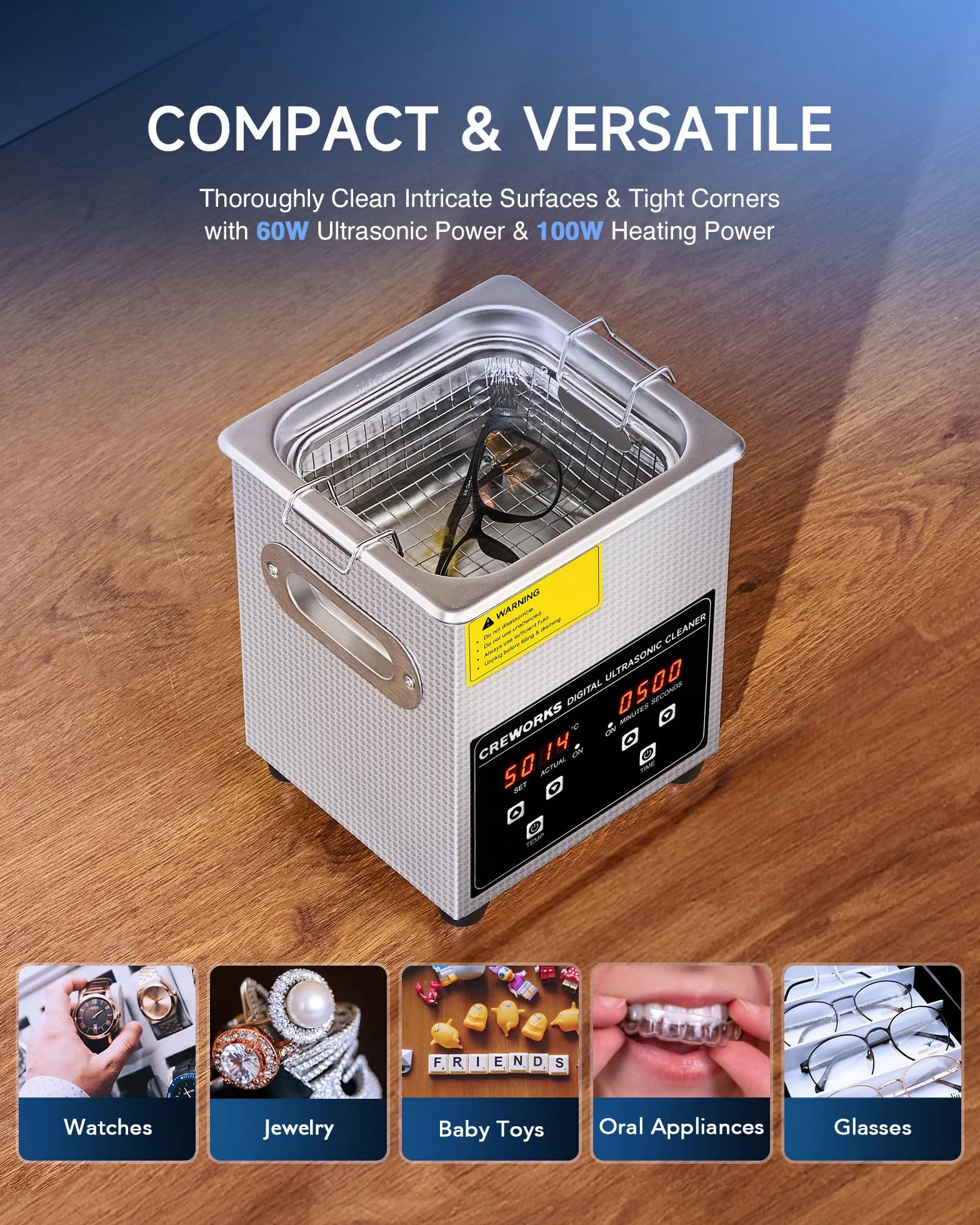 CREWORKS Urządzenie do czyszczenia ultradźwiękowego 2L Urządzenie ultradźwiękowe Czyścik ultradźwiękowy Czyszczenie Ultrasonic Cleaner z wewnętrznym koszem, ogrzewaniem i cyfrowym timerem do okularów