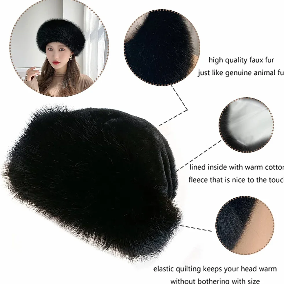 Damska czapka futrzana, czapka ze sztucznego futra, futro, czapka zimowa, kopuła, ciepła, modna, pluszowa czapka ze sztucznego futra, czapka beanie, klasyczna, rosyjska czapka kozacka
