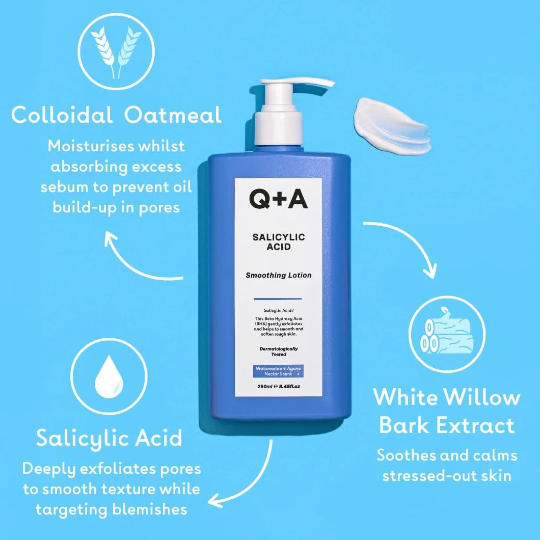 Q+A Balsam do ciała wygładzający z kwasem salicylowym (250ml), balsam do ciała z zapachami arbuza i agawy, alternatywa dla masła do ciała, wygładza szorstką, grudkowatą skórę, usuwa przebarwienia i