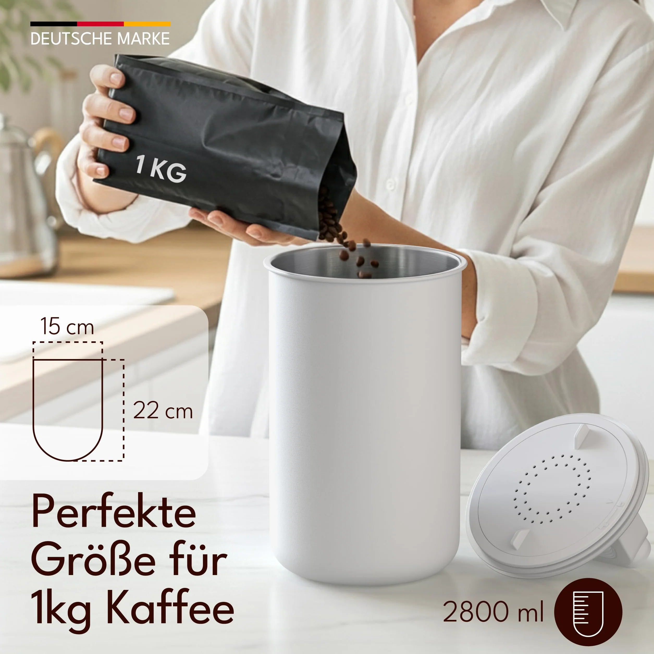 KC Kitchen & Co. Hermetyczna puszka na kawę na 1 kg ziaren kawy – puszka ze stali nierdzewnej z pokrywką próżniową i zamknięciem zapachowym – puszka do przechowywania kawy, herbaty, cukru, musli