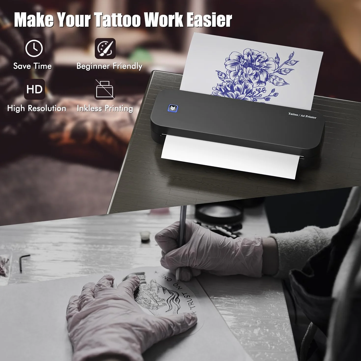 TATELF Drukarka szablonowa Bluetooth A4 Drukarka termiczna Tattoo 2600 mAh 20 arkuszy papieru transferowego do telefonów i komputerów z systemem Android i iOS