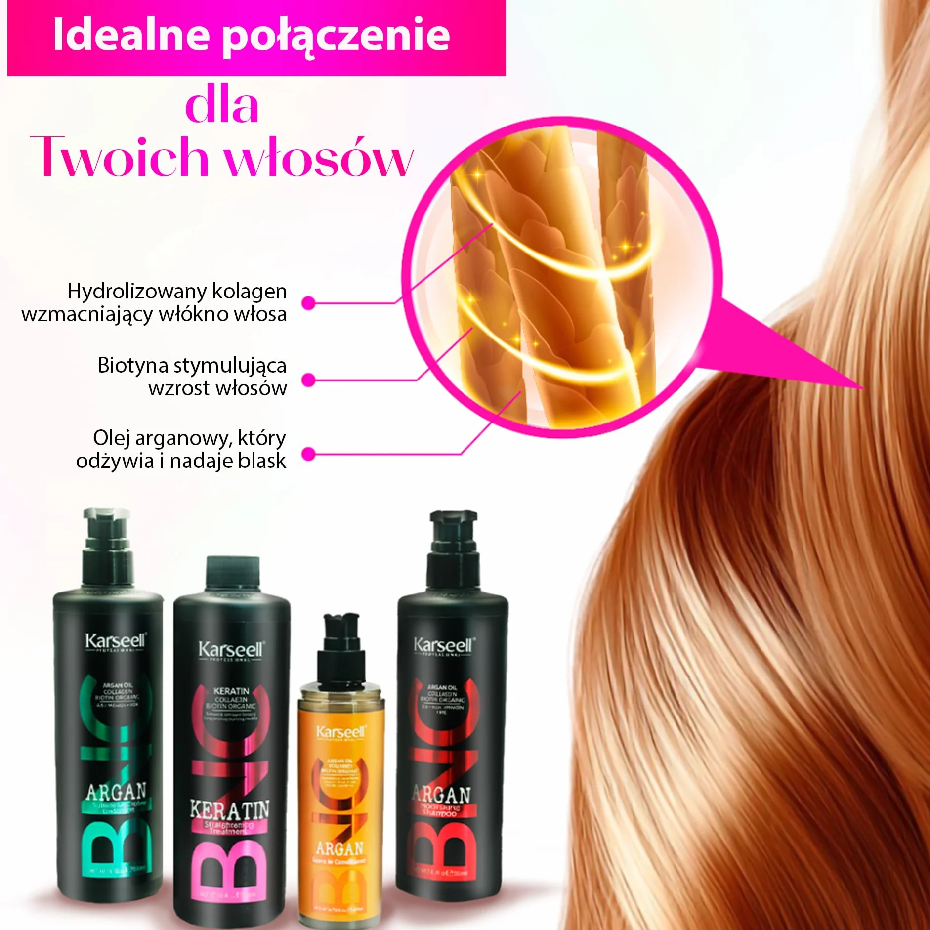 Karseell MACA CARE SYSTEM Keratyna Wygładzająca Bez Formaldehydu Suche Puszące Zniszczone Włosy Kolagen Biotyna Arganowy Odżywka Nawilżająca Blask Regeneracja Antypuszenie Codzienne Stosowanie Domowe