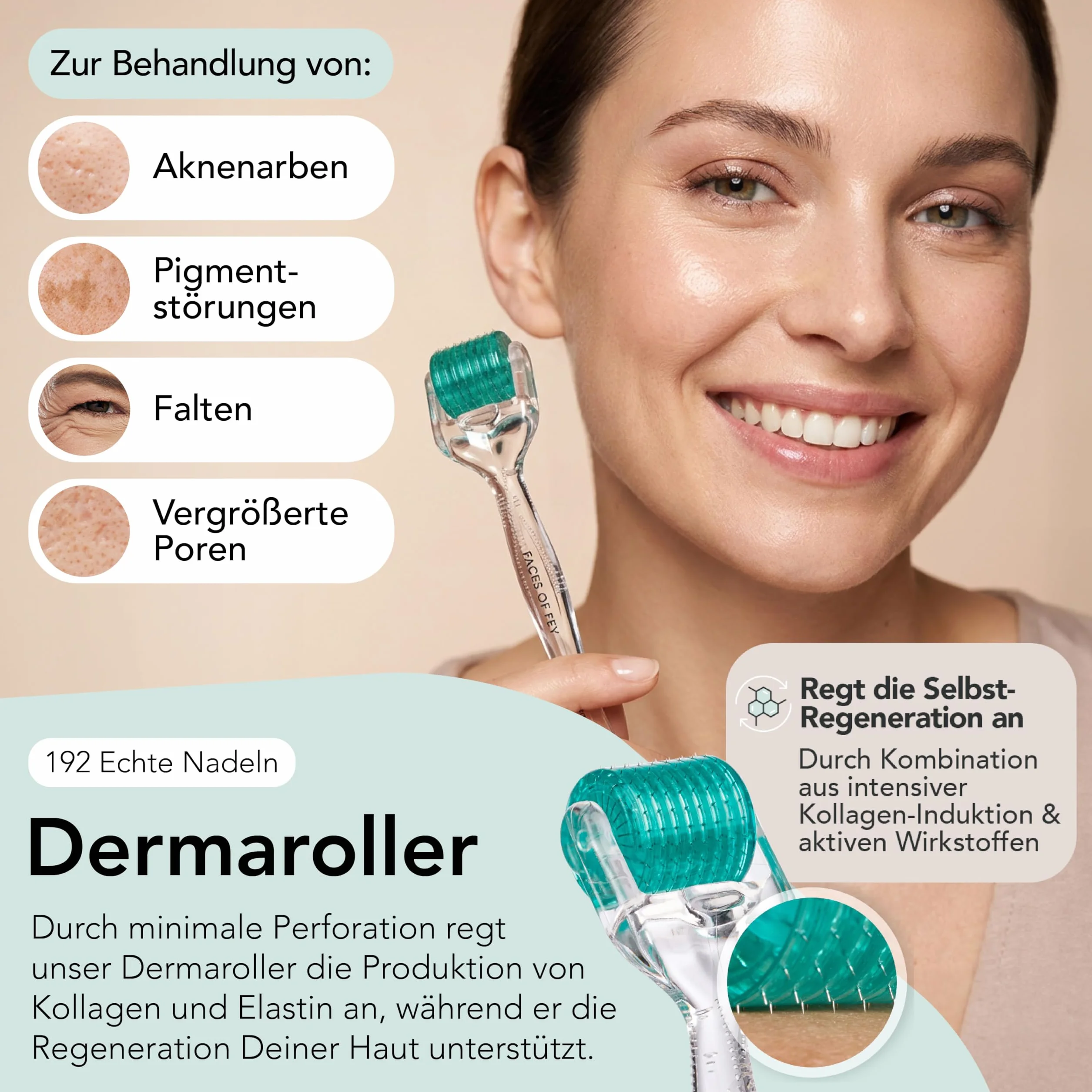 Derma oller Faces of Fey, wałek do twarzy i ciała z 192 profesjonalnymi igłami do mikronakłuwania, 0,5 mm