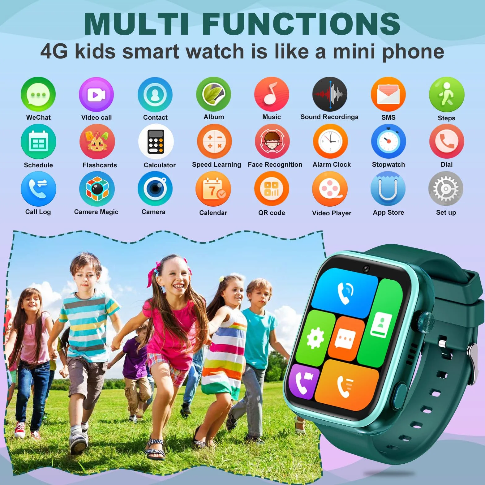 OKYUK Smartwatch 4G dla dzieci, lokalizator GPS, wiele stylów pulpitu do wyboru, połączenia dwukierunkowe, kompetencje obrazu, SOS, Wi-Fi, wodoodporny ekran dotykowy dla 4-12 chłopców i dziewcząt (T45