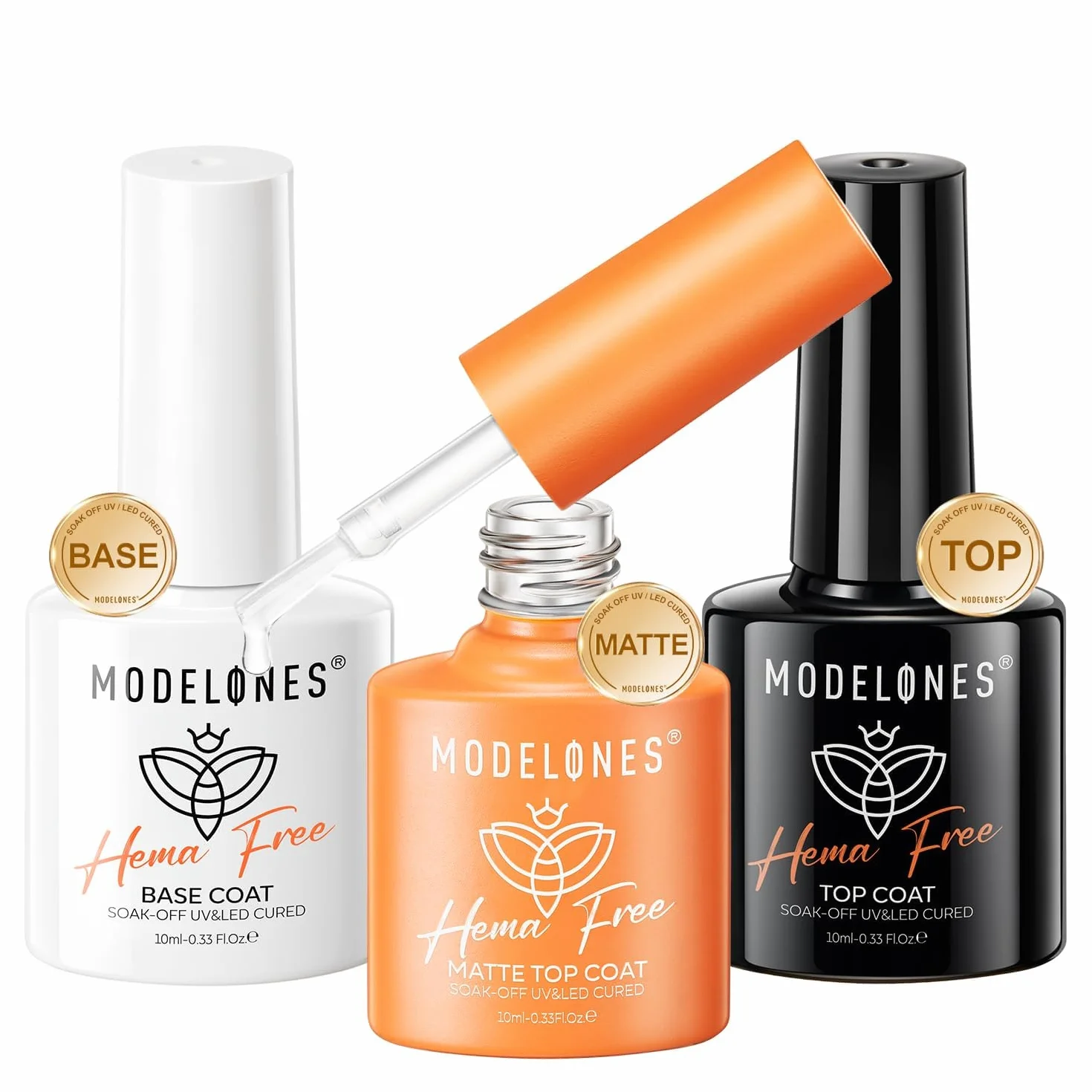 Modelones Base i Top Coat Gel UV lakier do paznokci zestaw 3 x 10 ml No Wipe Soak Off lakier podkładowy i wierzchni z matowym Top Coat