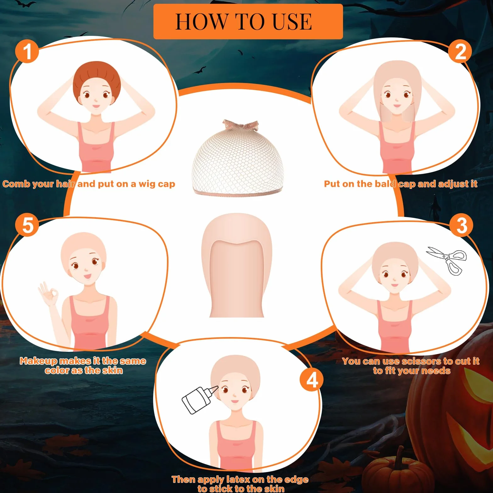 PLULON Halloween czepek do łysienia, lateksowy, dla dorosłych, kobiet i mężczyzn, z nylonowymi nakładkami na perukę, akcesoria na Halloween, imprezę Cosplay