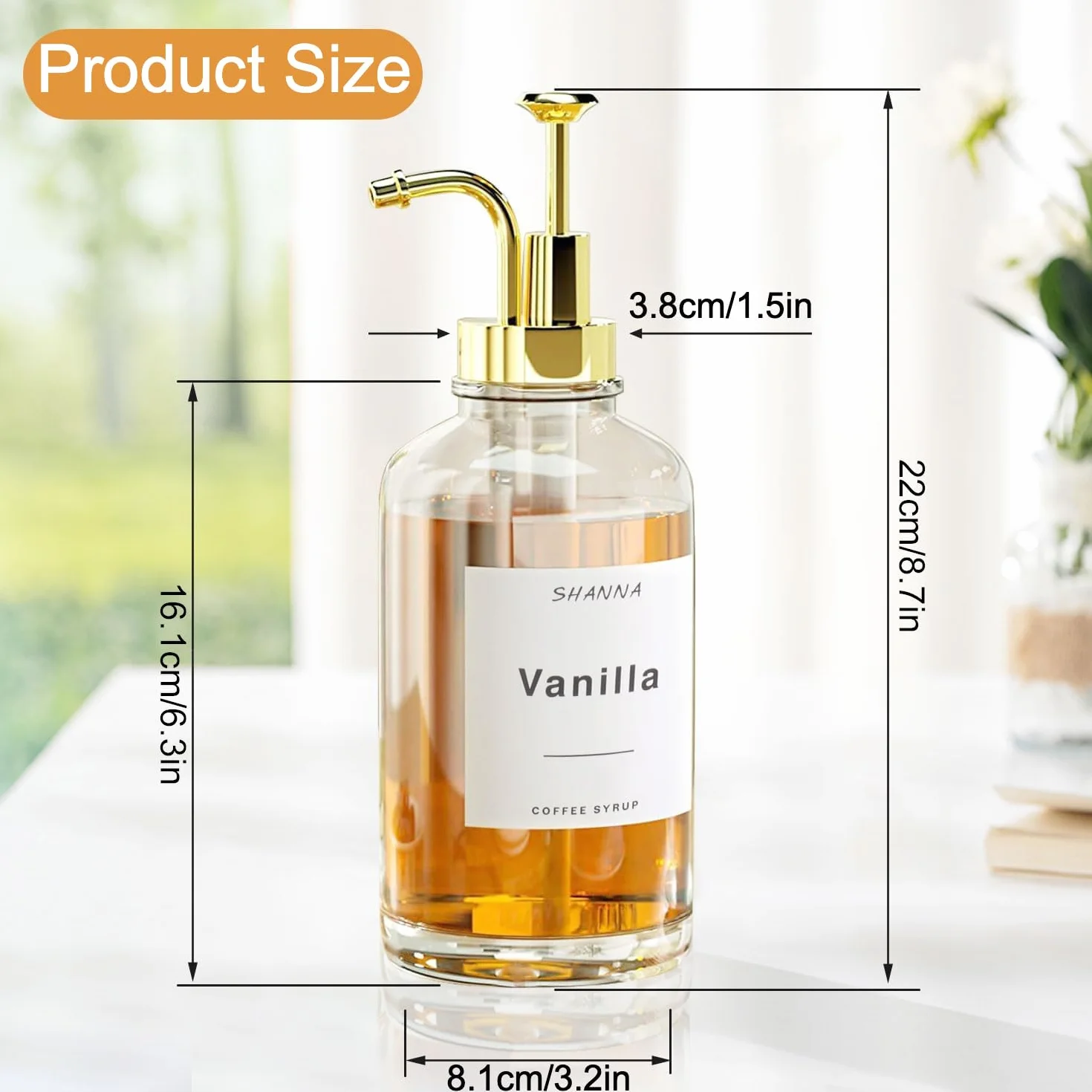 Dozownik syropu kawowego, dozownik syropu 500 ml, szklana butelka syropu z eleganckimi pompkami i 36 etykietami, lejkiem i pompką, dozownik do syropu, dozownik miodu, pompa do syropu kawowego