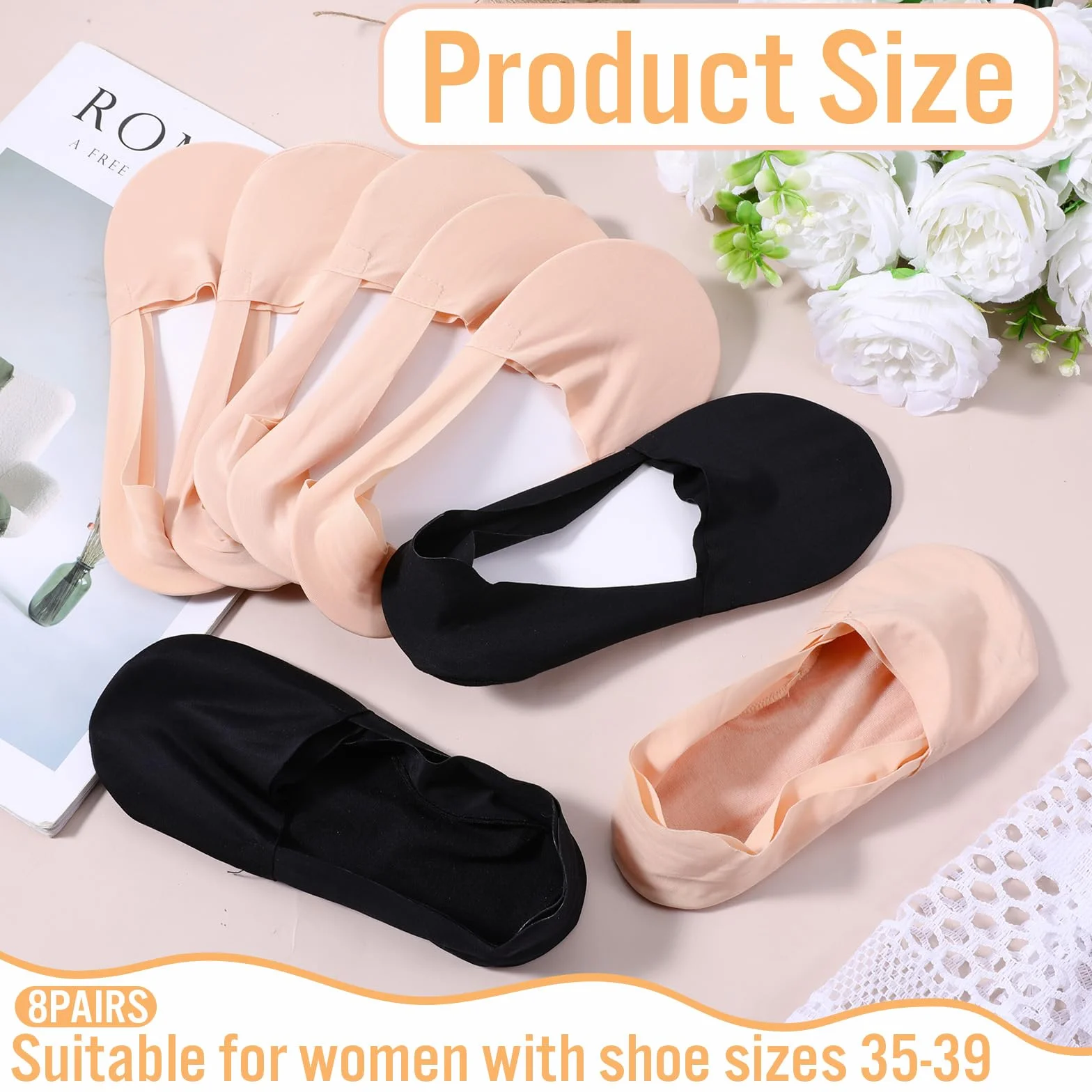 8 par damskich skarpet balerinowych, 35-38, niewidoczne stopki, antypoślizgowe, niewidoczne, do sneakersów, na wysokie obcasy, buty do łodzi (nagie czarne