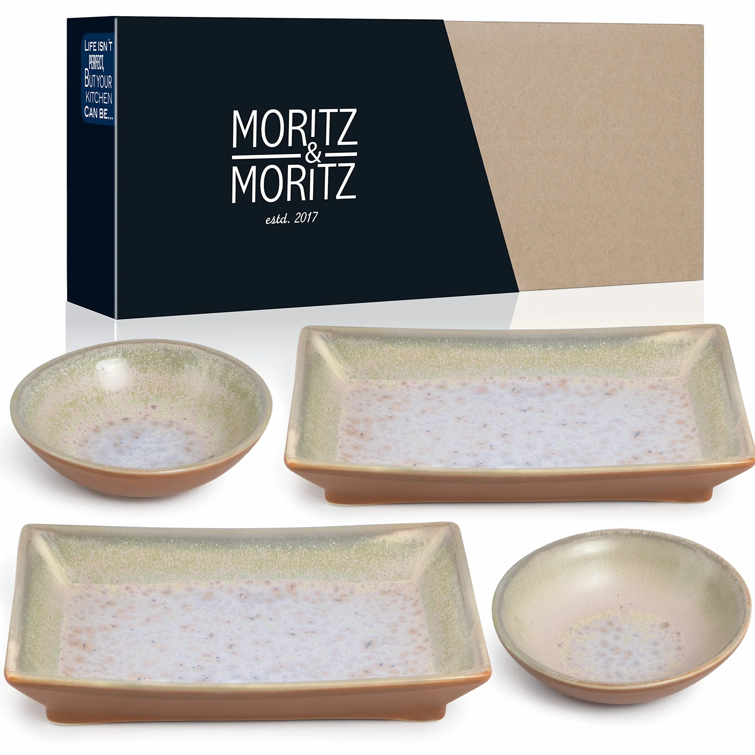 Moritz & Moritz 4-częściowy zestaw naczyń do sushi dla 2 osób – zestaw do serwowania sushi z 2 talerzami do sushi i 2 miseczkami do dipów – beżowo-fioletowy z reaktywną glazurą
