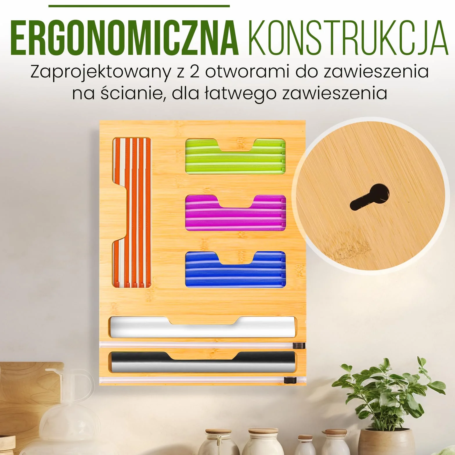 Akcesoria kuchenne 6 w 1 z bambusa z przezroczystym obcinaczem do folii i aluminium, dozownik do zamrażania, 43 x 33 x 9,6 cm, 4 przegródki na torby, 2 wbudowane nożyczki