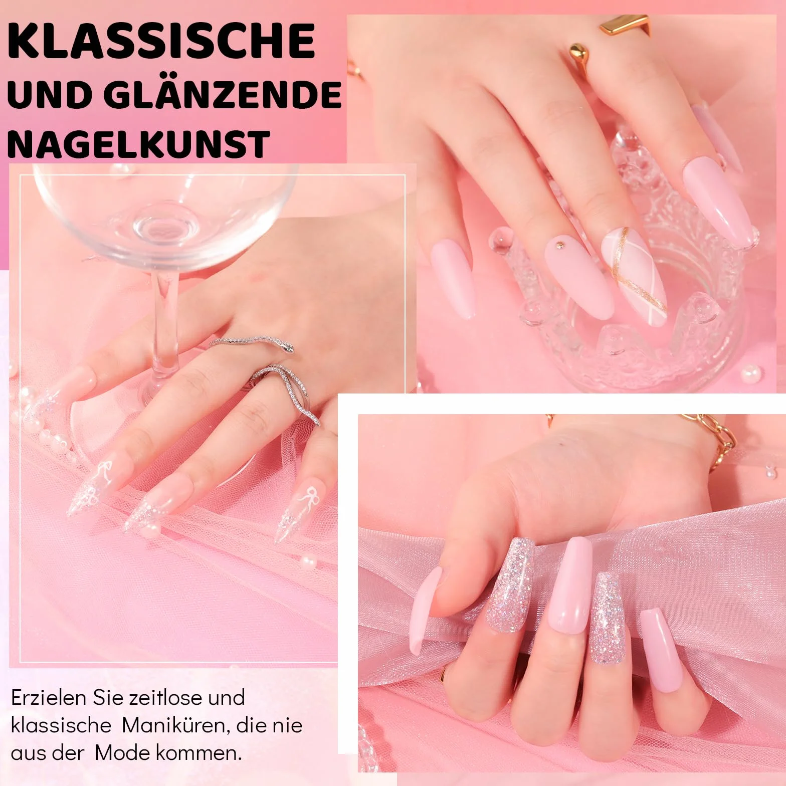 Aokitec Dipping Powder Nail Set – Różowy Błyszczący Proszek do Dipów z Bazą, Zestaw do Paznokci DIY