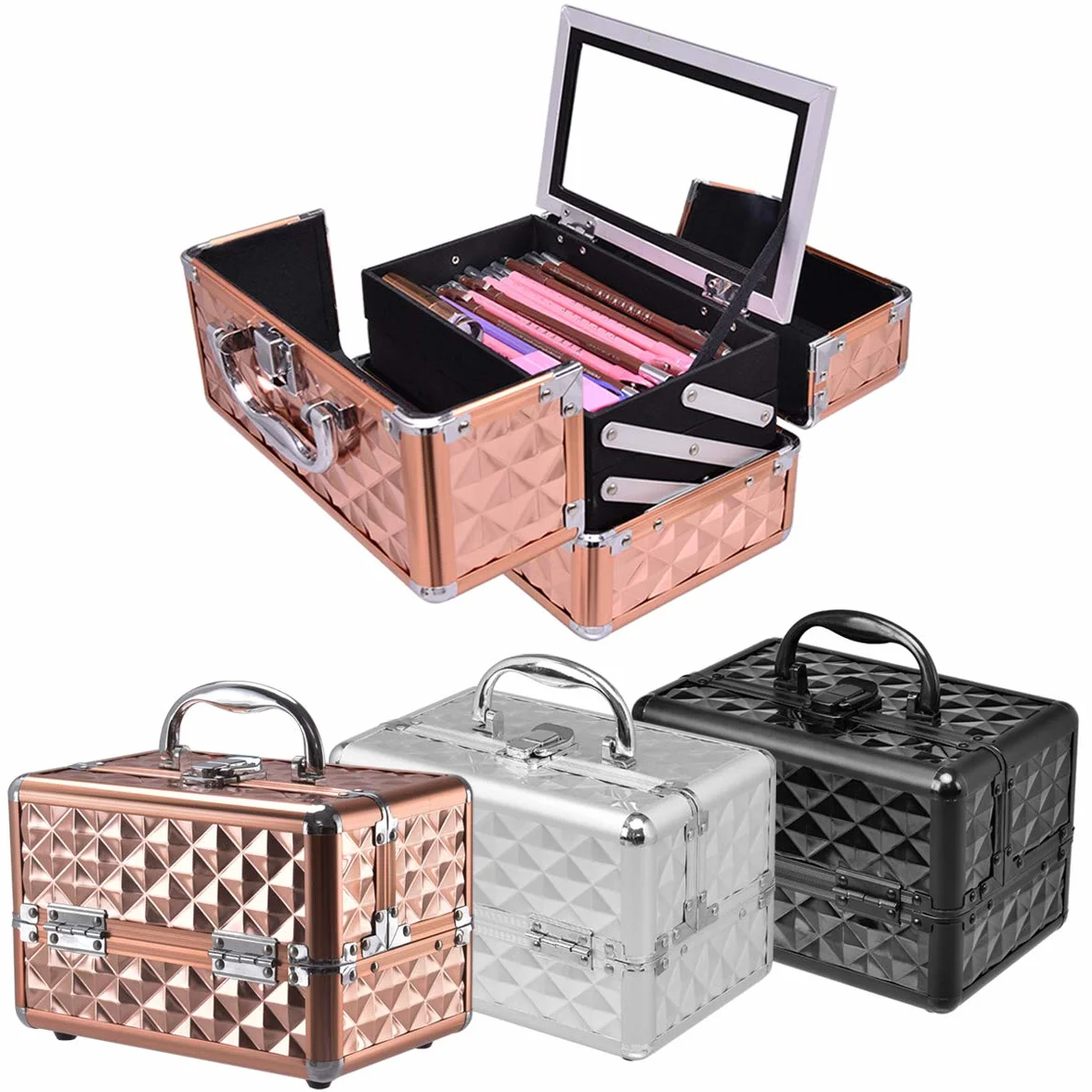 COSTWAY kuferek kosmetyczny Beauty Case, kuferek na biżuterię, walizka fryzjerska z lustrem, srebro, 23 x 15 x 18cm