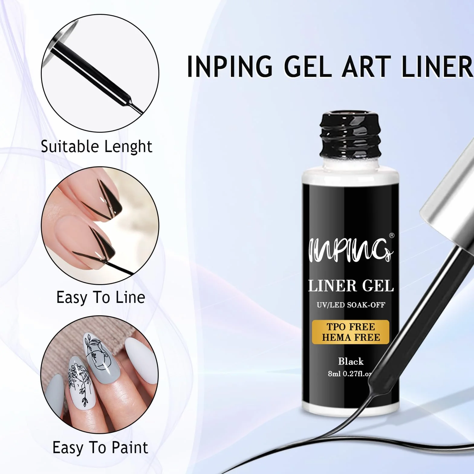 INPING 2 szt. Liner Gel Nail Art, TPO-FREE HEMA-FREE, 2 kolory biały i czarny liniowy lakier półtrwały, lakier żelowy UV, lakier do paznokci, francuski manicure dla początkujących, 8 ml