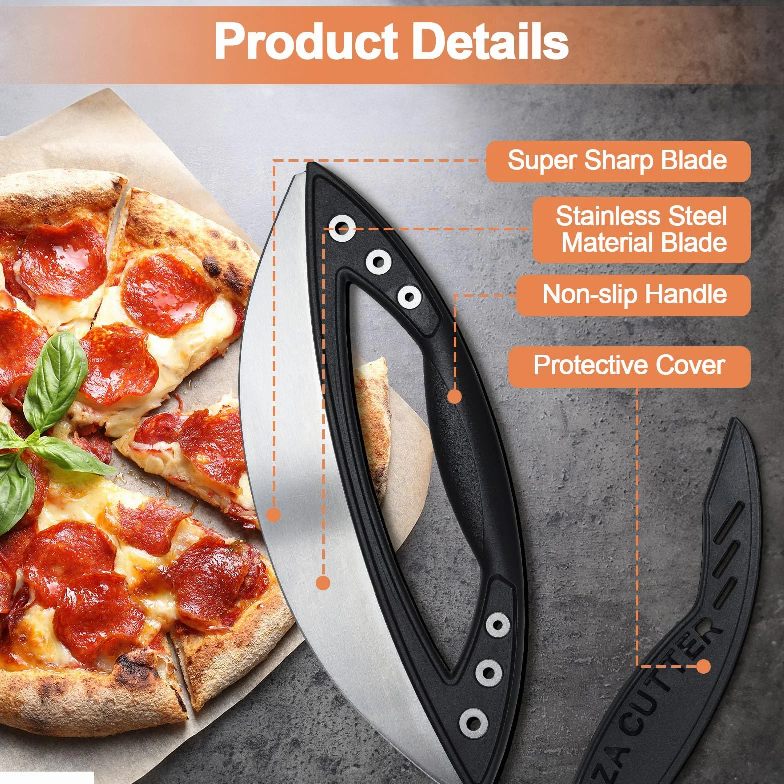 Foremka do pizzy premium, ostrze ze stali nierdzewnej 29 cm, z pokrowcem ochronnym i 6-otworowym narzędziem do usuwania ziół, antypoślizgowy uchwyt do pizzy, chleba, ciasta, łatwy do