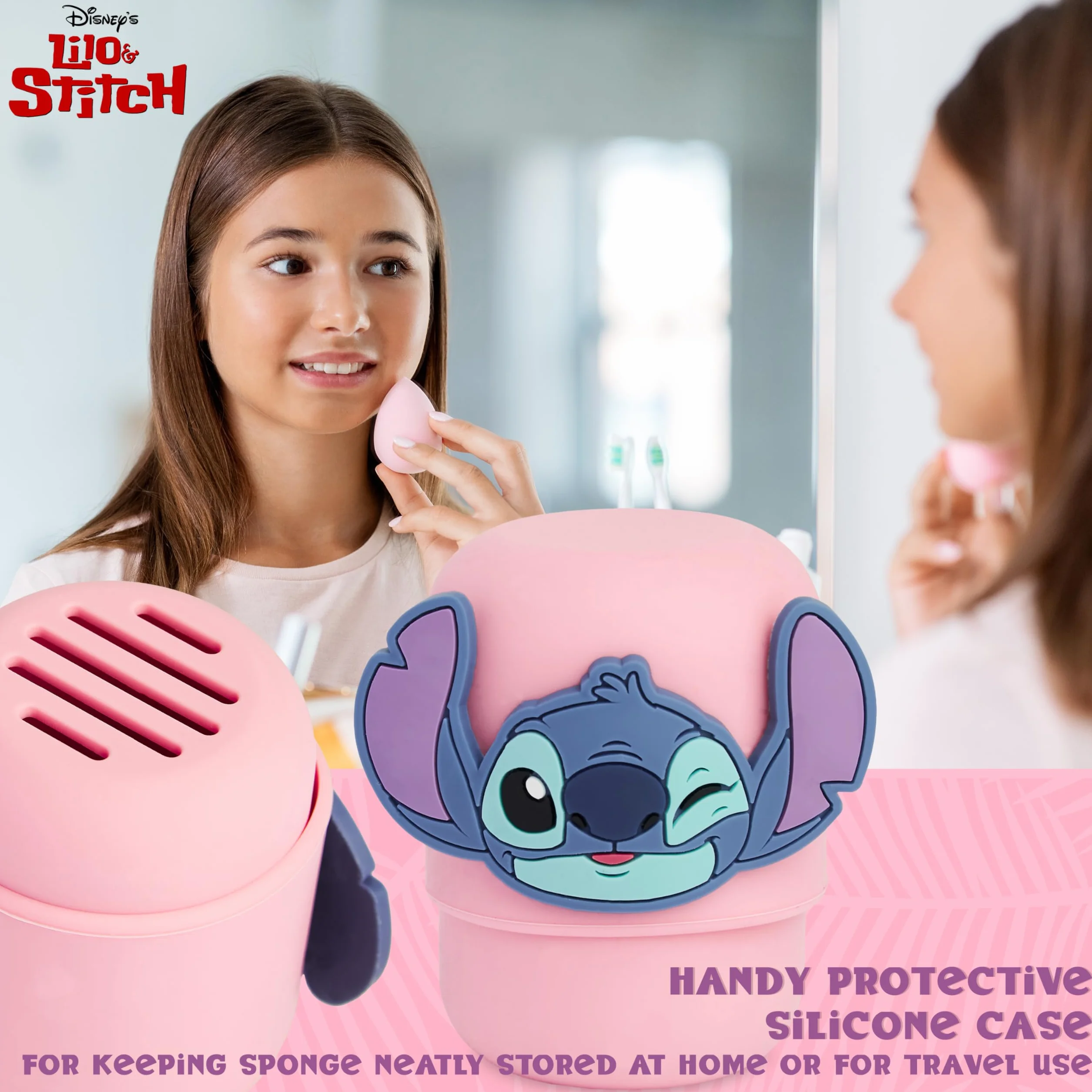 Zestaw akcesoriów do urody Disney Stitch z gąbką do makijażu, wielokrotnego użytku podkładkami do demakijażu i szczotką do włosów do podróży - prezenty Stitch