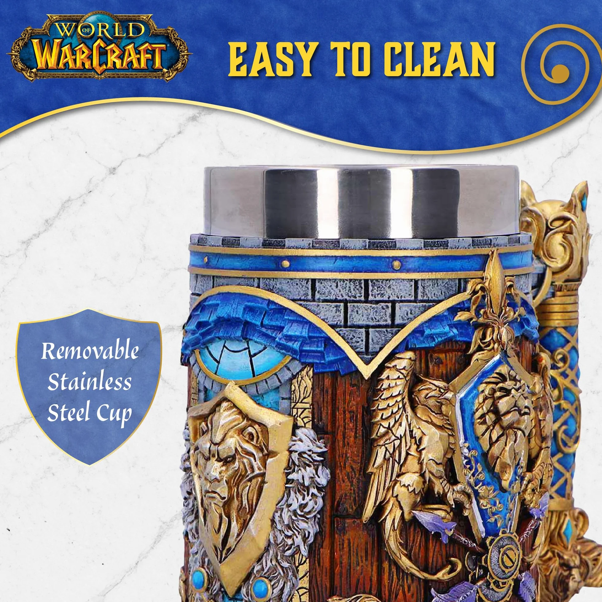 Nemesis Now World of Warcraft Alliance Tankard 15,5 cm – oficjalnie licencjonowane naczynia do picia Alliance z herbem, wzorem flagi i wkładką ze stali nierdzewnej