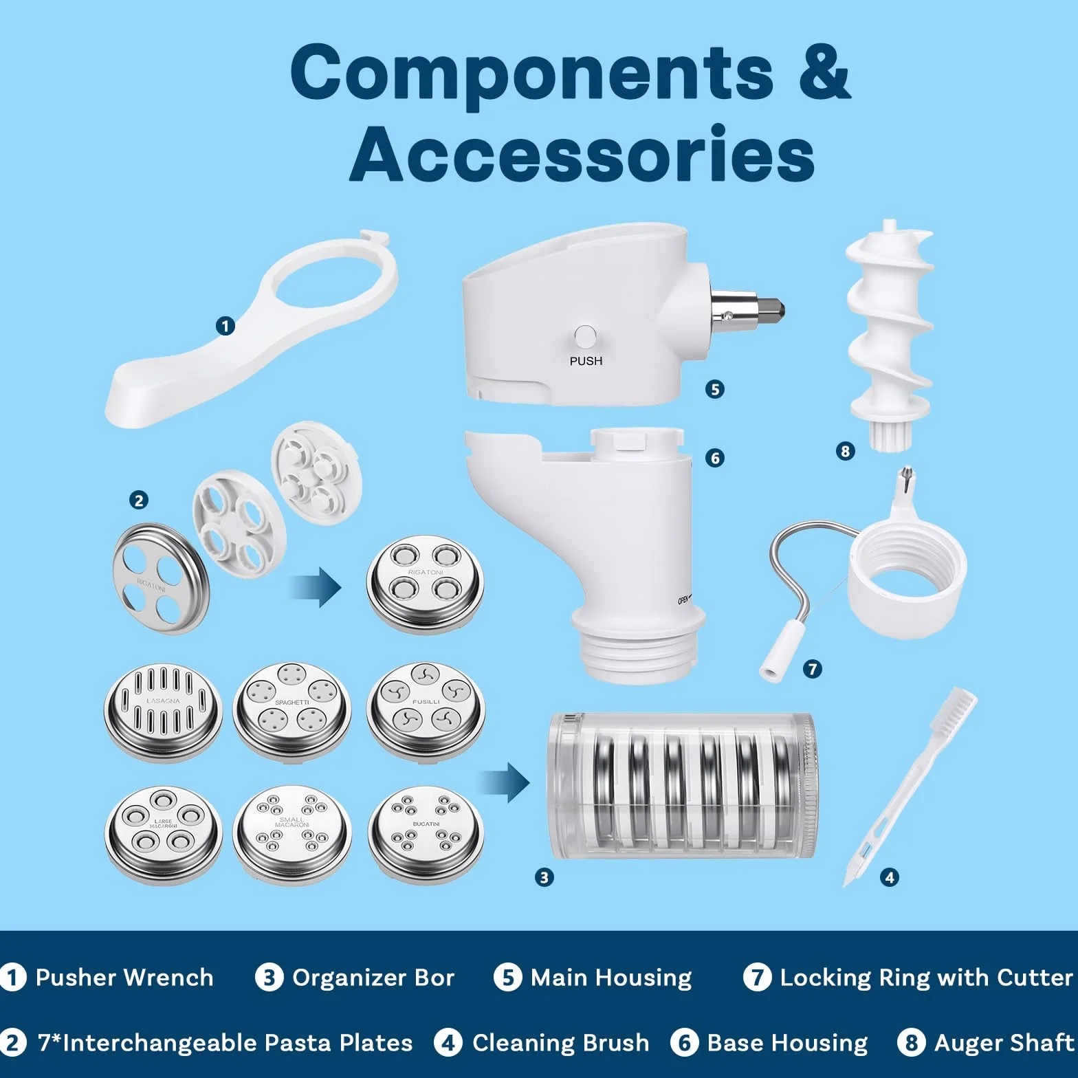 Prasa do Makaronu do Mikserów do KitchenAid od MMOBIEL – 7-w-1 Maszynka do Makaronu z 7 Wymiennymi Talerzami do Fusilli, Rigatoni, Spaghetti, Bucatini, Fettuccine i Makaronu Kolanka – Łatwa Instalacja