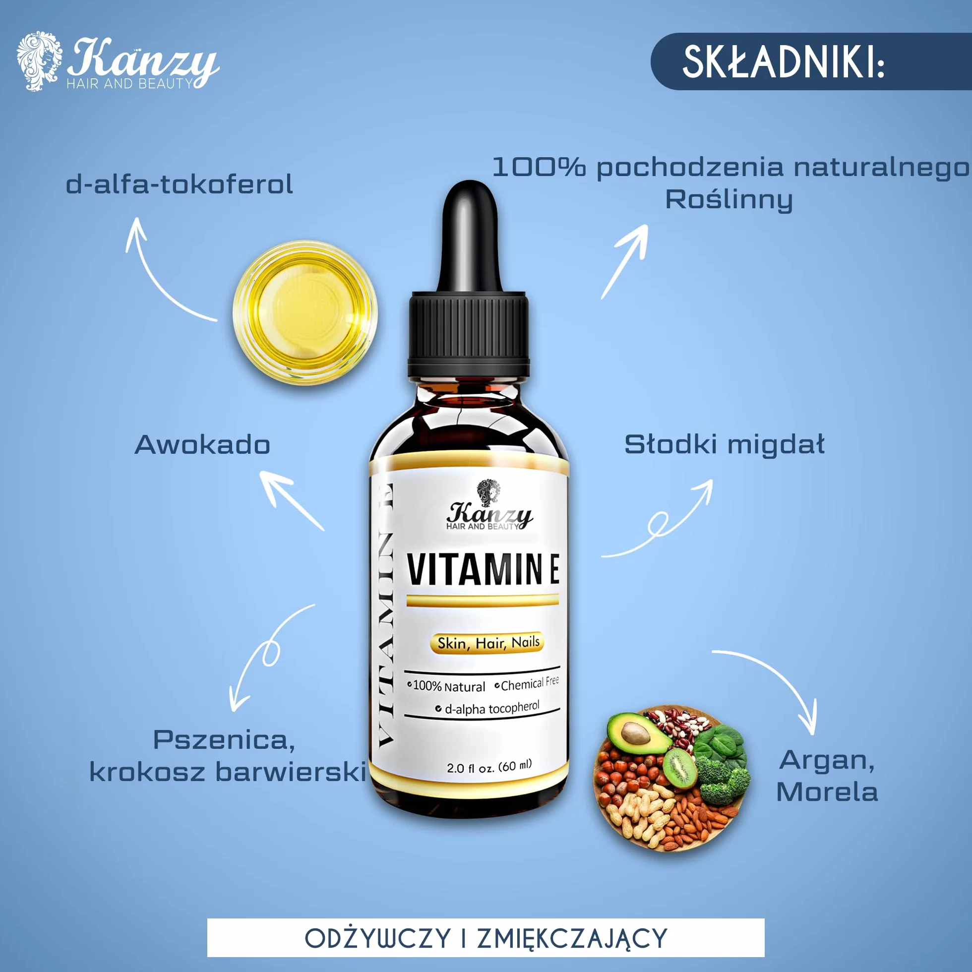 Olej z witaminą E do twarzy i skóry 100% naturalny 60ml