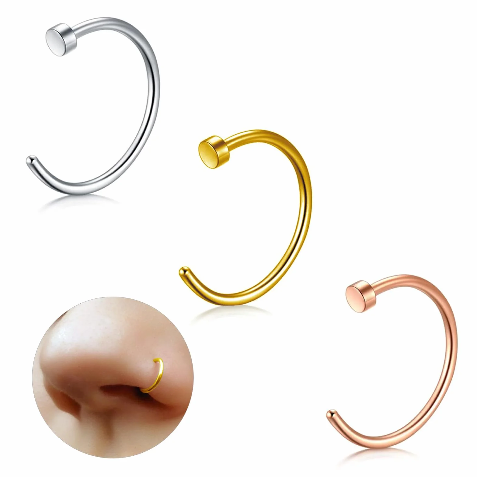 G23 sztuczny tytan nasz kolczyk do septumu nos trag Helix Conch fałszywy kolczyk do nosa kobiety mężczyźni 18G 20G 6 mm / 8 mm / 10 mm srebro złoto 3 sztuki hipoalergiczny sztuczny kolczyk