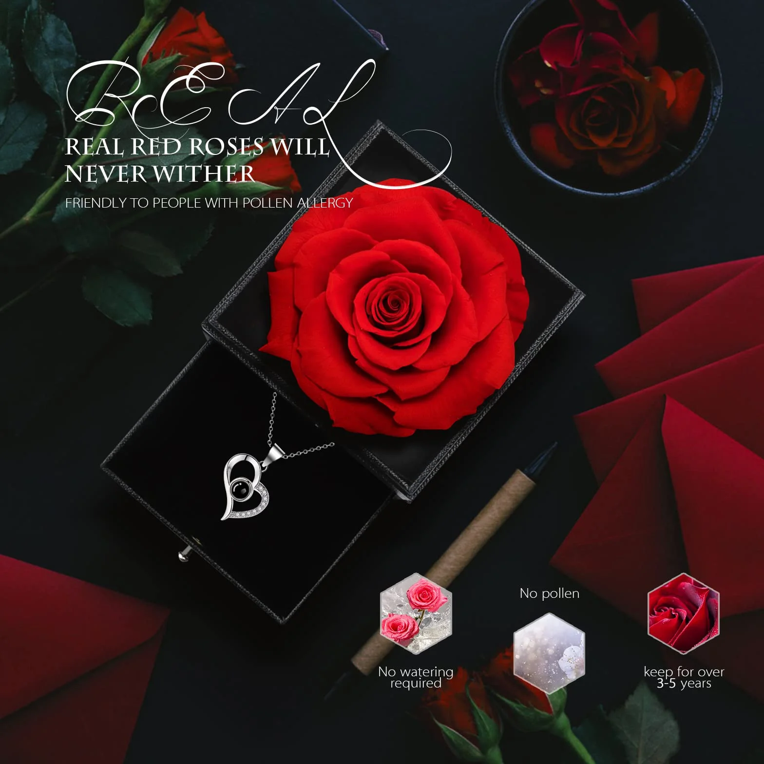 GOICC Wieczna róża z napisem „I Love You”, naszyjnik z różowymi fiołkami, opakowanie upominkowe, prezent na Dzień Matki, urodziny, rocznicę, dla mamy, narzeczonej, żony