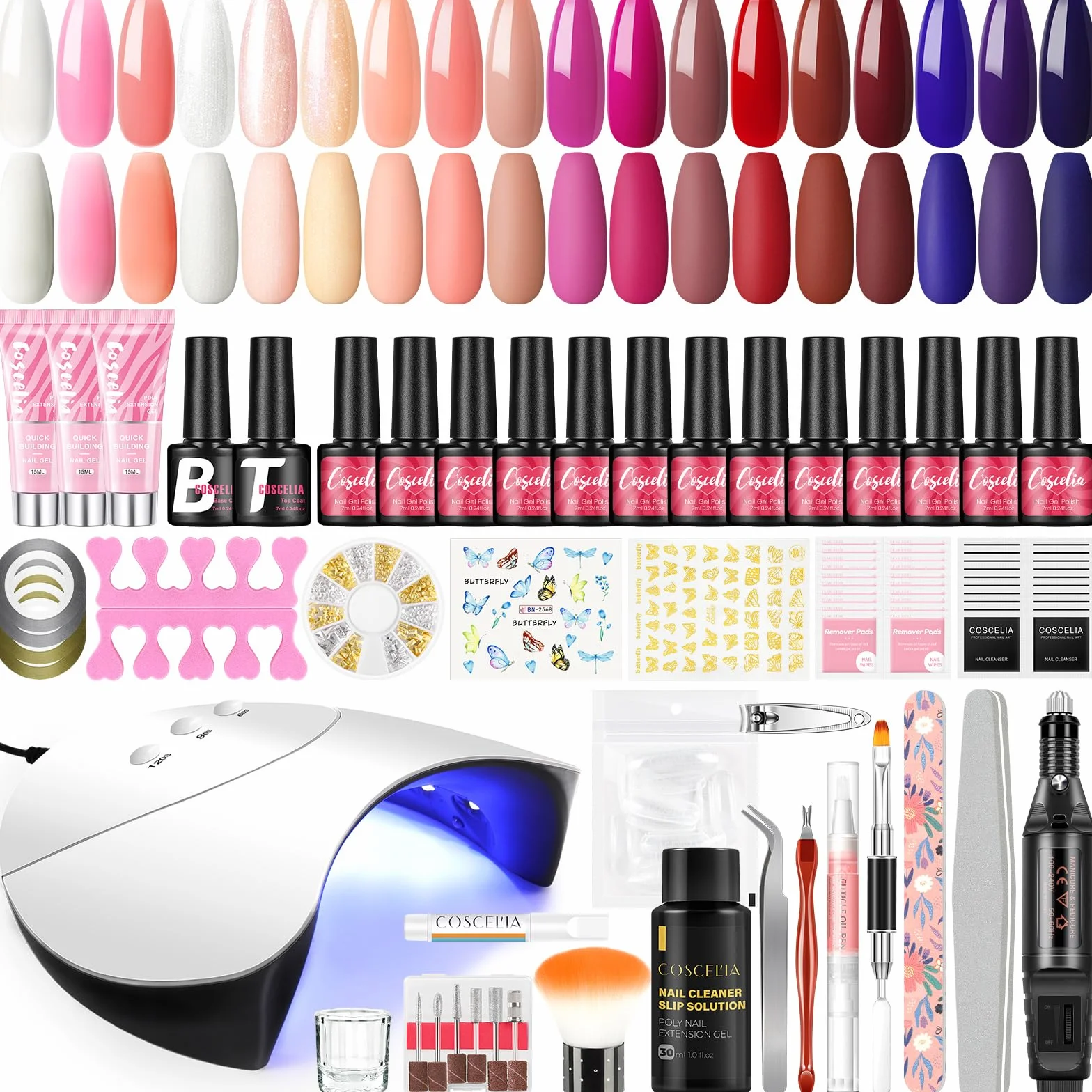 COSCELIA Zestaw lakierów do paznokci, 15 sztuk, żelowy lakier do paznokci z lampą 36 W U V/LED, 3 szt. Poly Nail Extension Gel, wiertarka do paznokci maszyna Top & Base Coat Nail Art dla