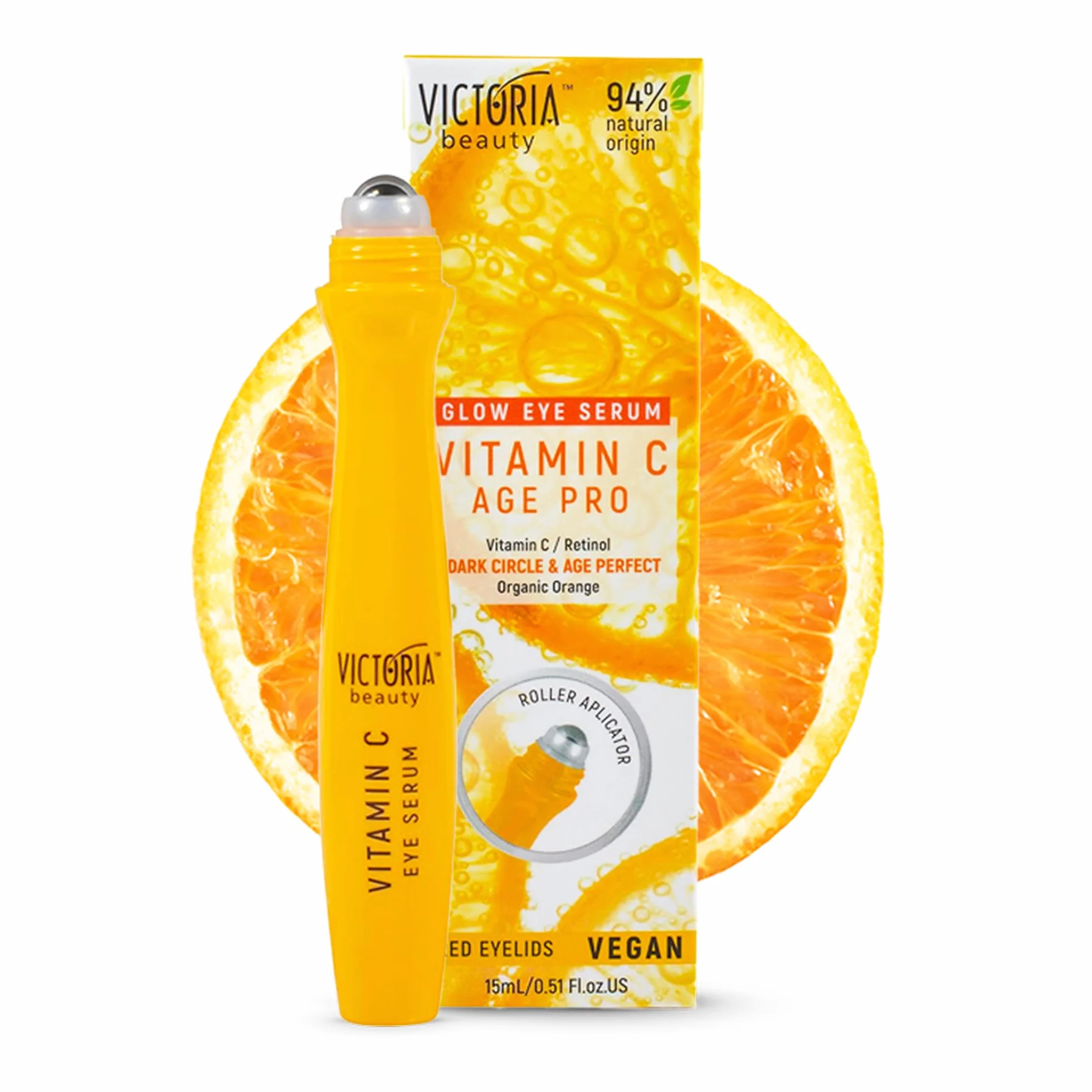 Victoria Beauty serum z witaminą C do oczu z rolką - na cienie pod oczami, obrzęki i worki pod oczami - z retinolem i witaminą E - 94% naturalne, 15 ml