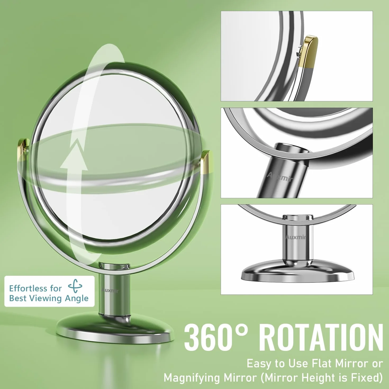 Auxmir Lusterko kosmetyczne do makijażu, z powiększeniem 1x/10x, dwustronne i obracane o 360°, lustro stołowe, do makijażu, golenia, pielęgnacji twarzy w salonie, w sklepie z biżuterią, kolor srebrny