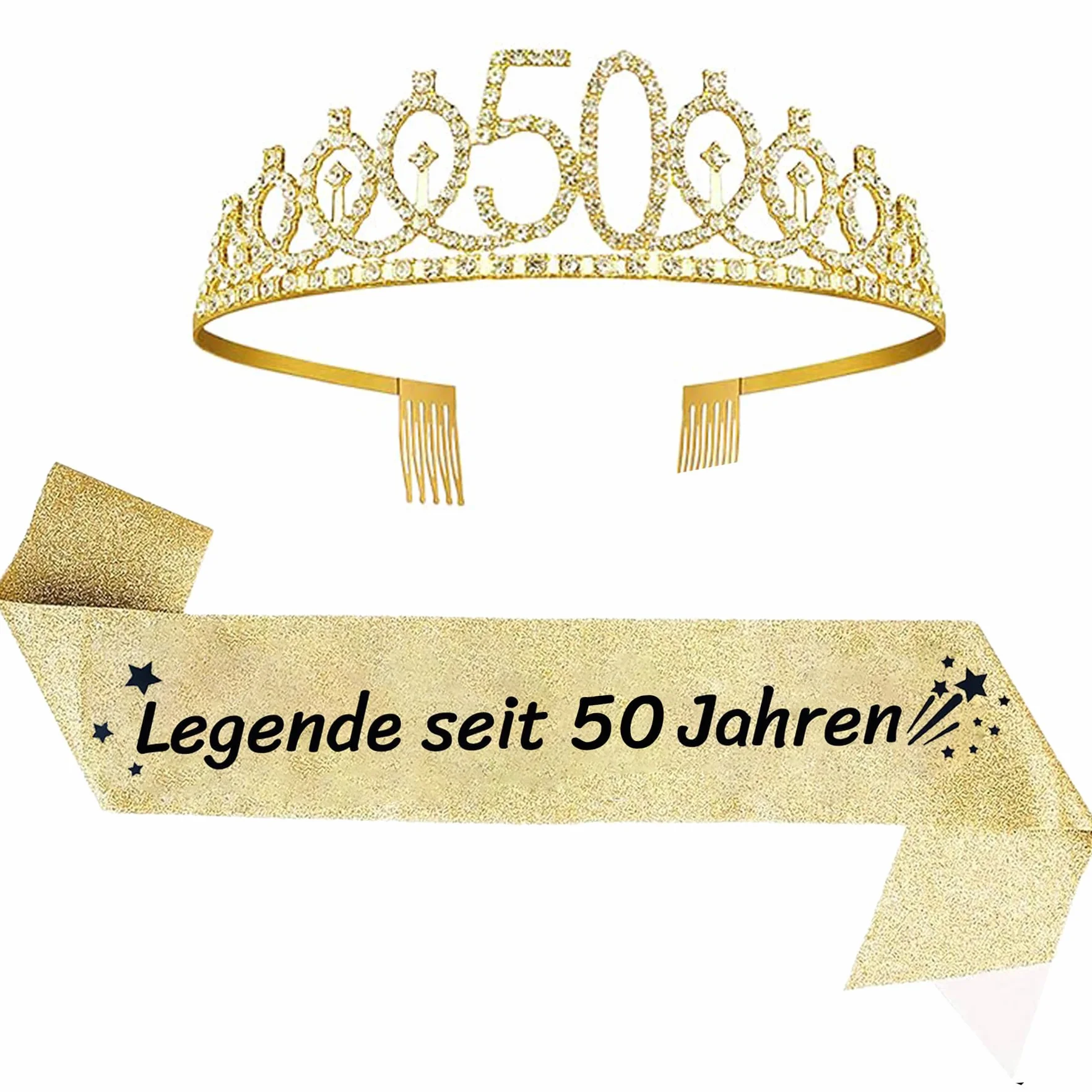 2-częściowy zestaw szarfy i tiara na 50. urodziny, szarfa urodzinowa, korona 50, kryształowa szarfa dla kobiet, prezent na imprezę, Plastik
