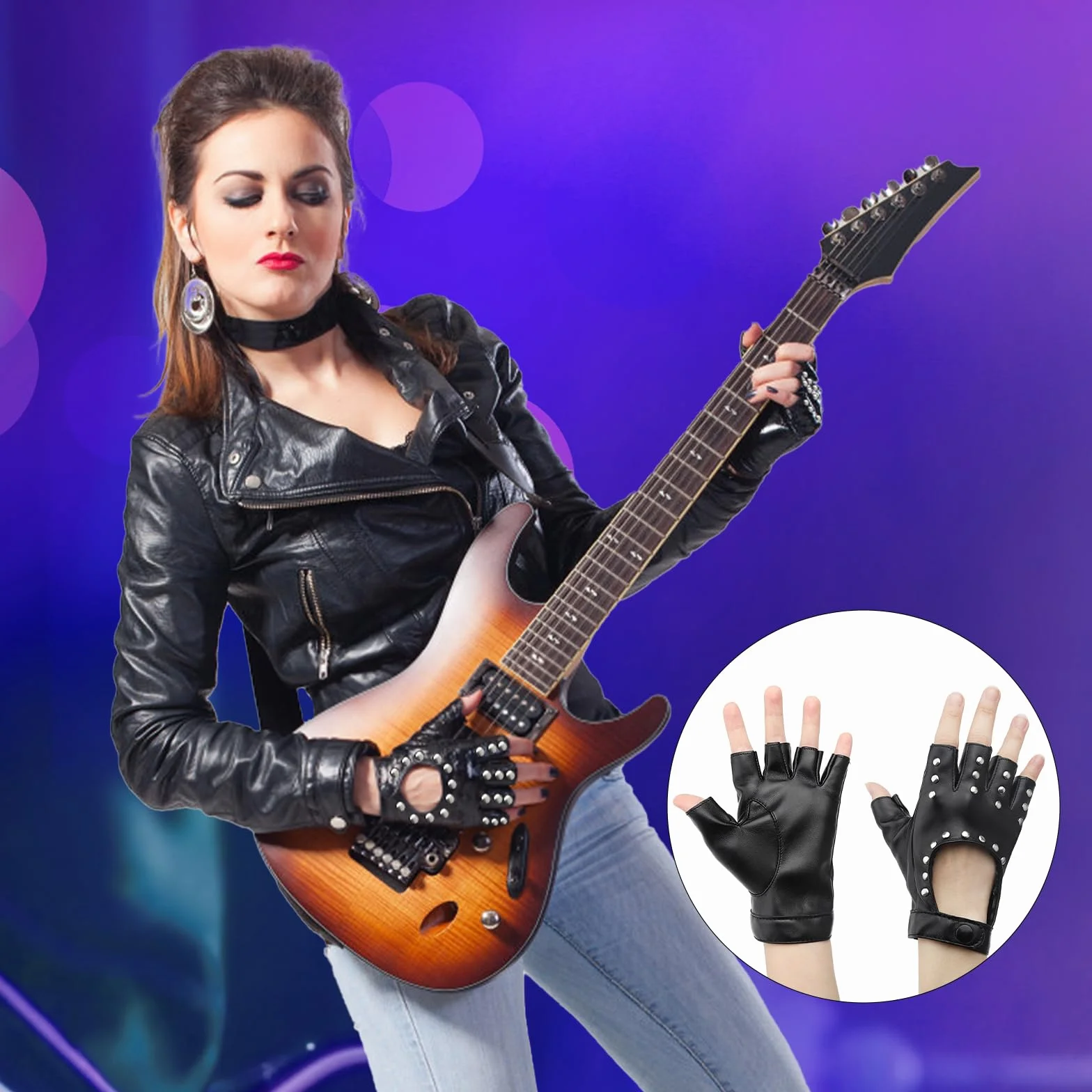 DAWRIS 1 Para Punk Rękawiczki Bez Palców PU Skórzane Rękawiczki Bez Palców Damskie Punkowe Nity Rękawiczki dla Dorosłych Hip Hop Halloween Cosplay Karnawał Kostium Wydajność