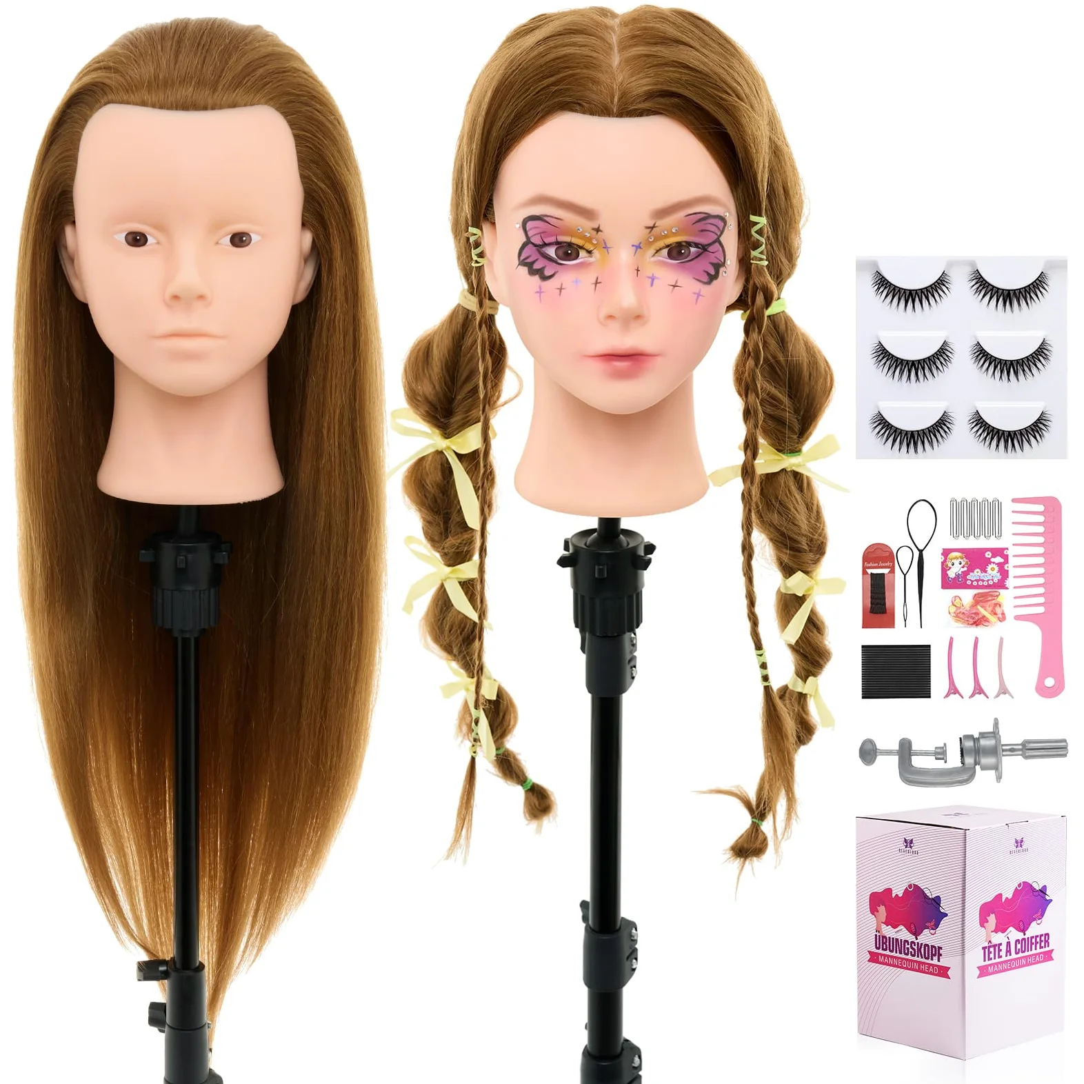 Neverland Profesjonalna główka do makijażu 71 cm z 60% ludzkimi włosami, główka fryzjerska do makijażu z narzędziami do stylizacji włosów, rzęsami i klipsami stołowymi (blond)
