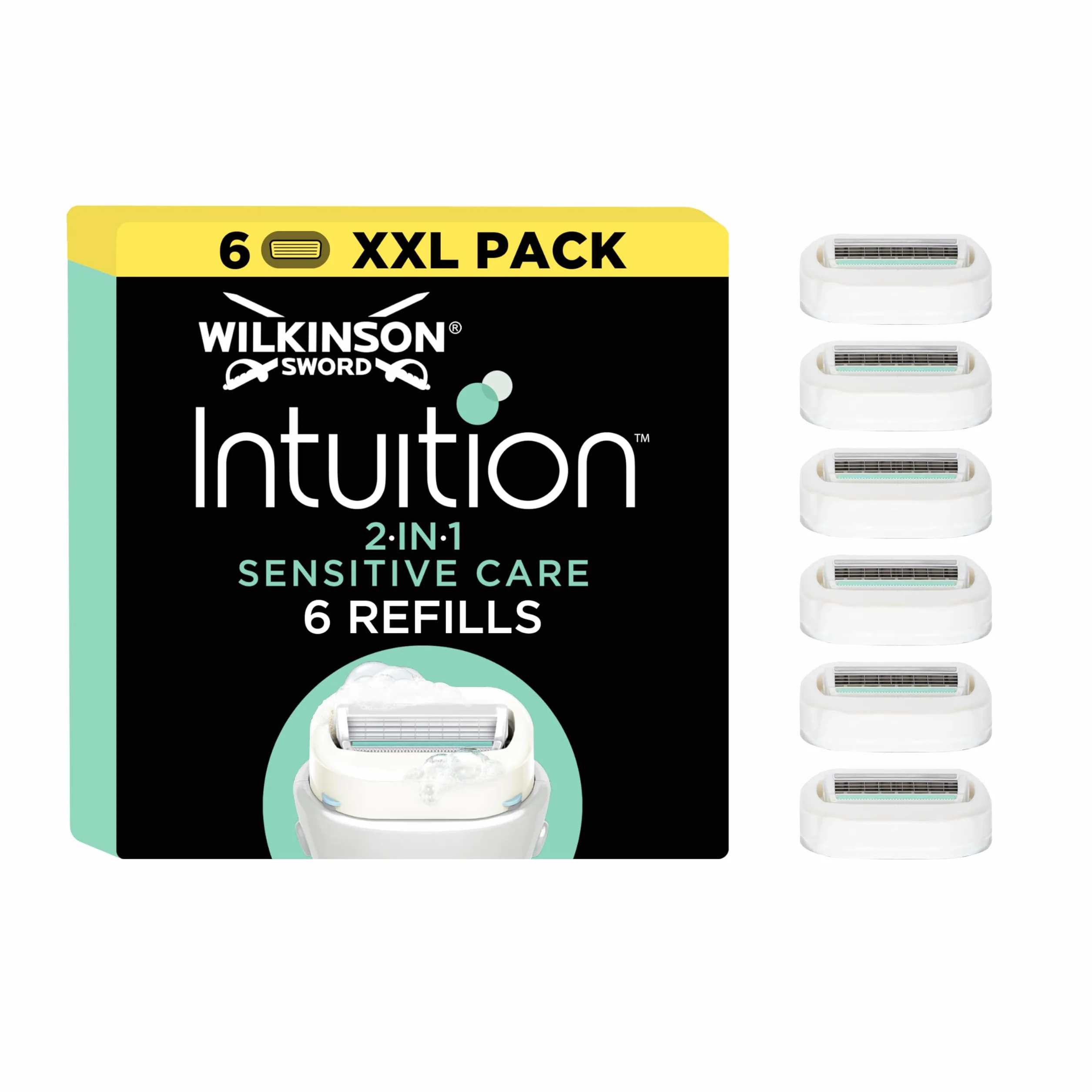 Wilkinson Sword Intuition 2 w 1 Sensitive Care żyletki do golenia dla kobiet, powiew aloesu, golarka do codziennego golenia, 6 sztuk