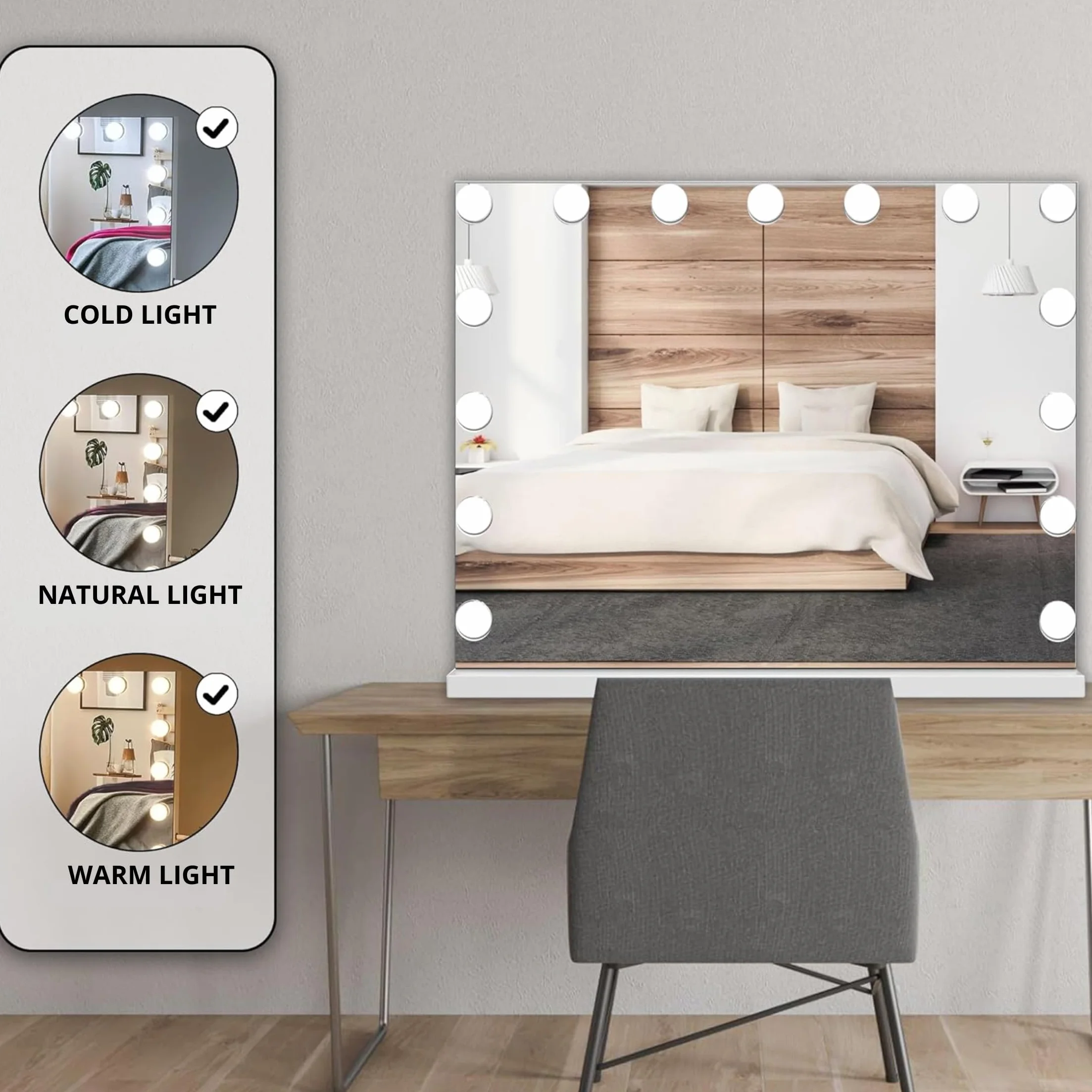 Bayt Lustro do Makijażu LED – Lustro Hollywood z Podświetleniem – Ściemnialne – 3 Kolory Światła – Ekran Dotykowy – 58x46 cm – Białe