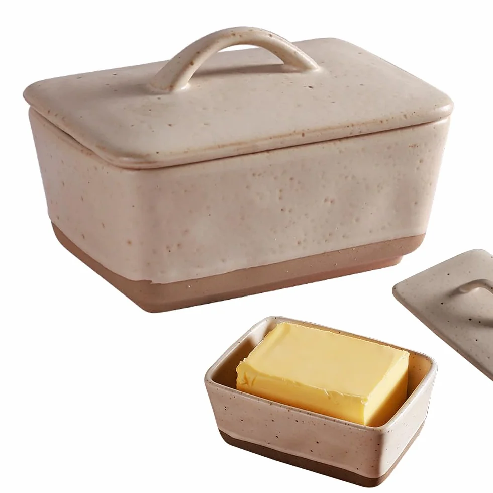 Maselniczka ceramiczna z pokrywką, 350 ml, porcelana vintage, ceramiczna, mała maselniczka z pokrywką i uchwytem, na lodówkę i stół jadalny, na wszystkie popularne masło (kolor sera)