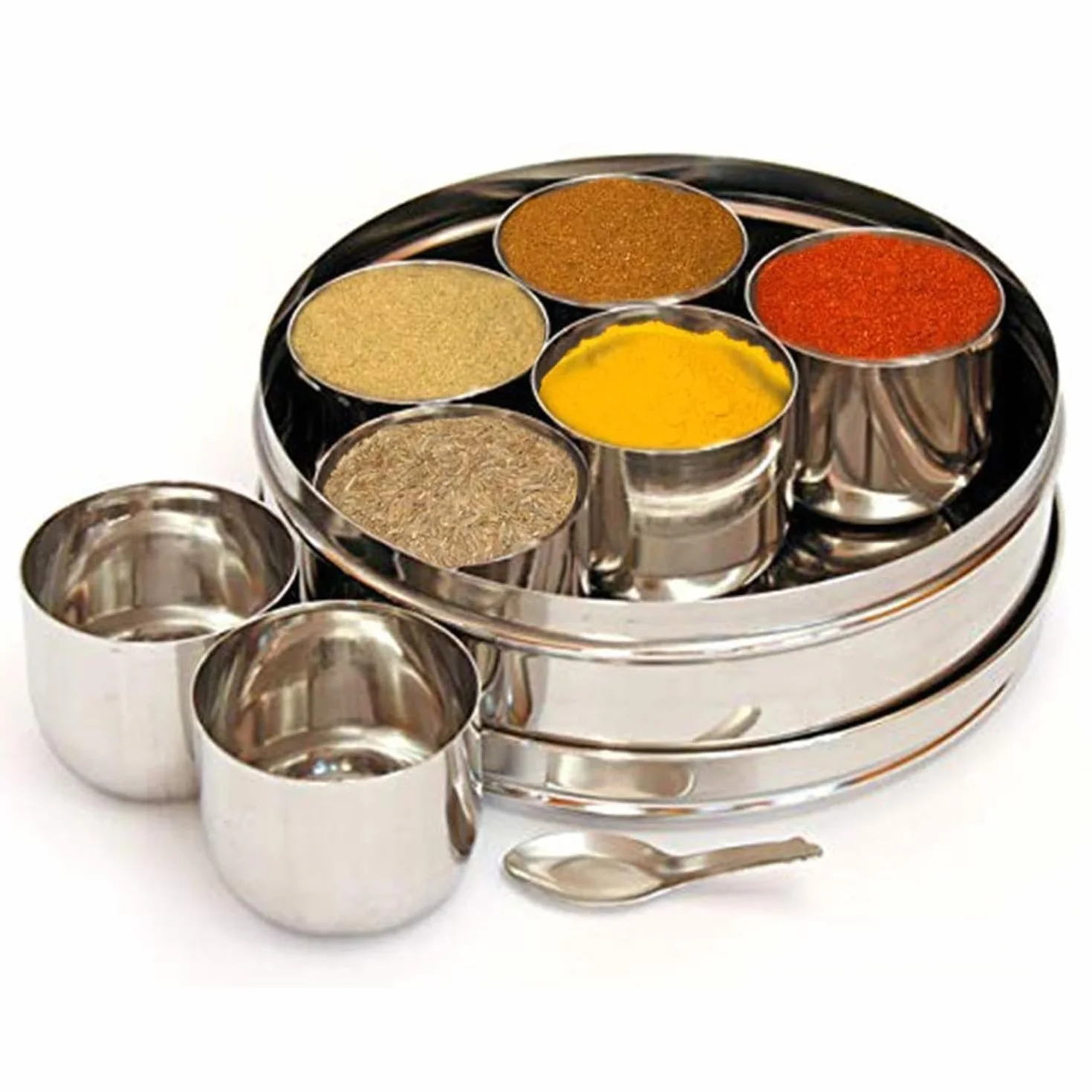 Kajal Masala Box 8-częściowy zestaw ze stali nierdzewnej – pudełko na przyprawy ze stalową pokrywką i małą łyżeczką | indyjskie pudełko na przyprawy ze stali nierdzewnej | praktyczne rozwiązanie na