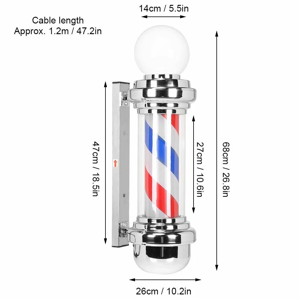 Barber Shop Pole (26,8 cala) czerwony biały niebieski obracające się światło LED tabliczka do salonu fryzjerskiego galwanizacja tworzyw sztucznych/stali nierdzewnej (220 V EU)