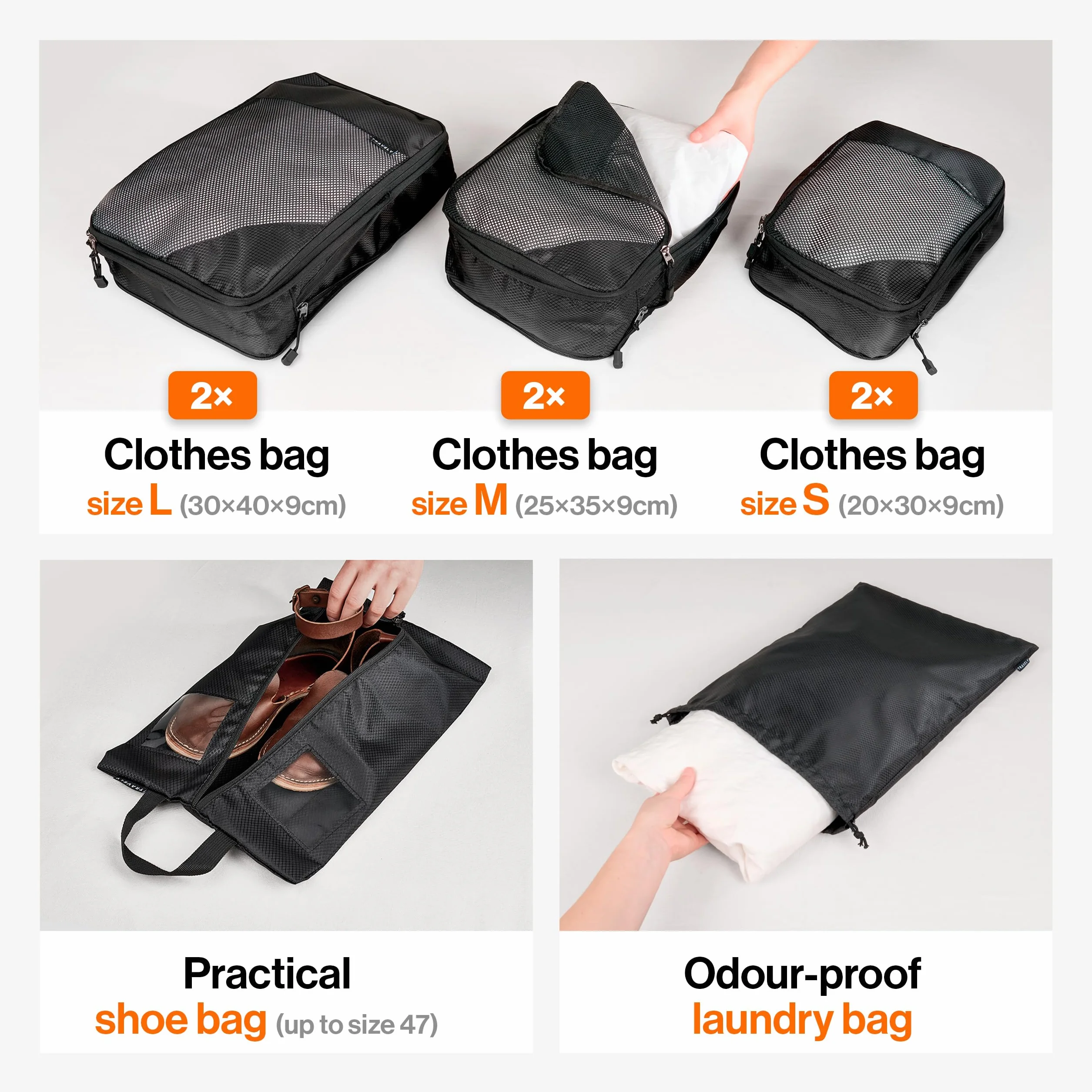 TRAVELY Packing Cubes Compression – 8-częściowy zestaw wraz z torbą na buty i workiem na pranie – kostki kompresyjne jako walizka lub organizer do plecaka – torby podróżne, worki kompresyjne