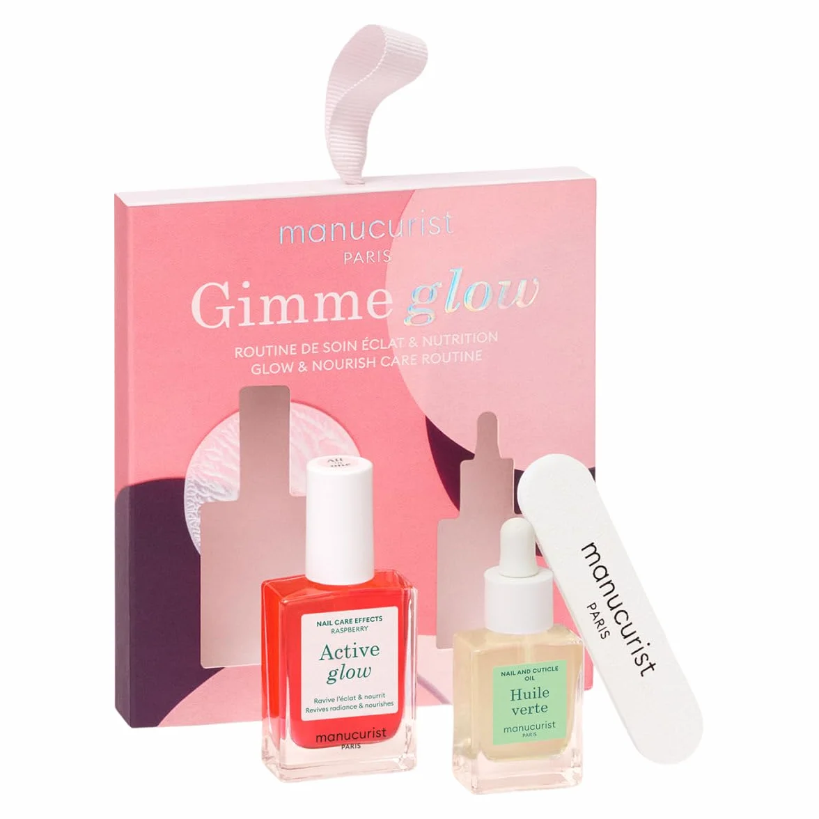 Zestaw upominkowy Manucurist Active Glow Raspberry + olejek zielony – zawiera: 1 lakier do paznokci do pielęgnacji i makijażu, 1 olejek do skórek, 1 bezpłatny mini pilniczek do paznokci – prezenty świ