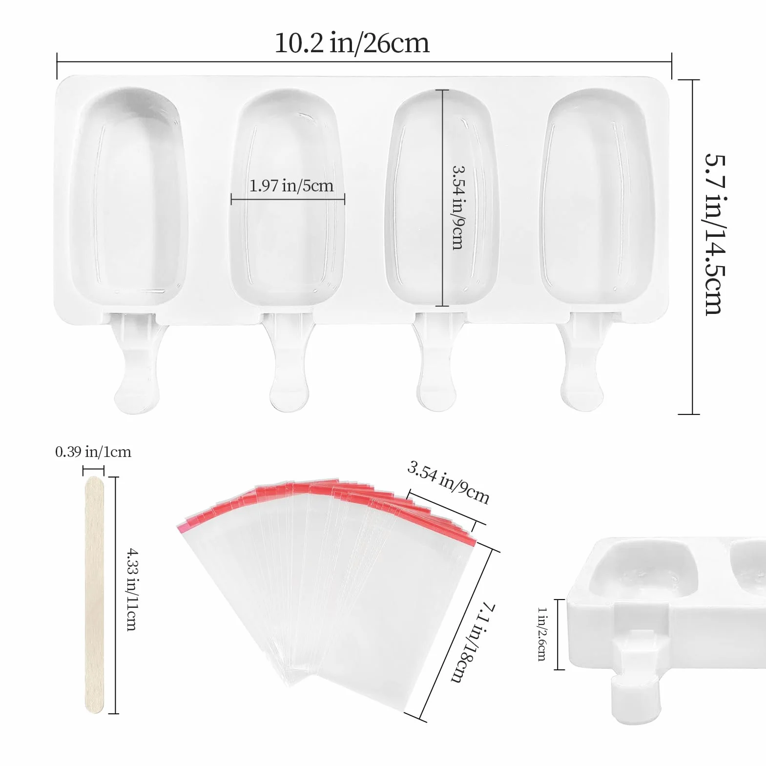 Silikonowa forma do lodu, 4 puste przestrzenie na patyku, foremka do lodu, forma do lodu, forma do lodu, forma do lodu, pleśń, pop, forma na kostki lodu z silikonową pokrywką i 100 drewnianymi pałeczkami, 2 sztuki owalne (biała)