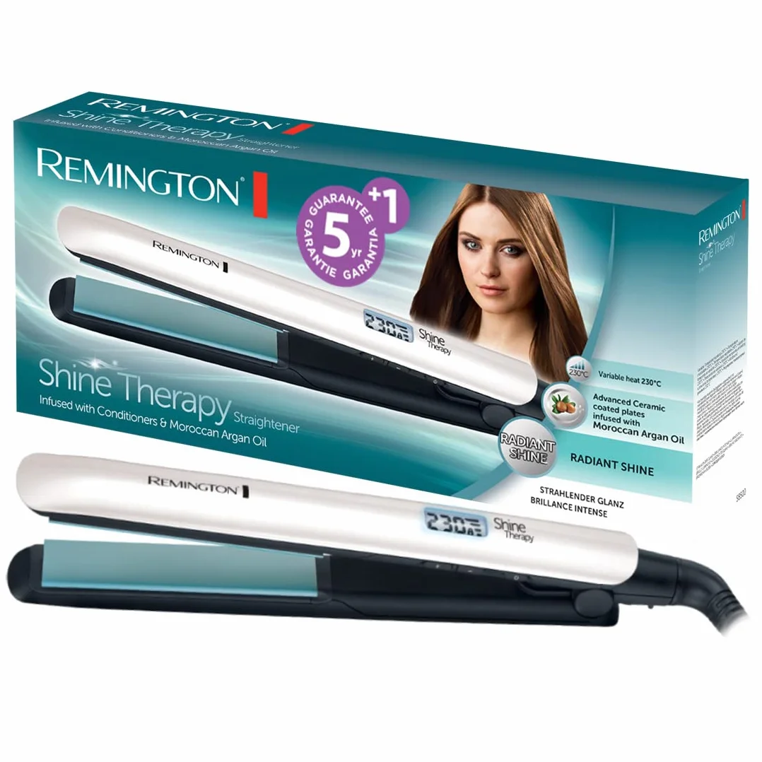 Remington prostownica do włosów, powłoka ceramiczna wzbogacona mikroskładnikami dla większego połysku, wyświetlacz LCD, 150-230°C, Shine Therapy S8500